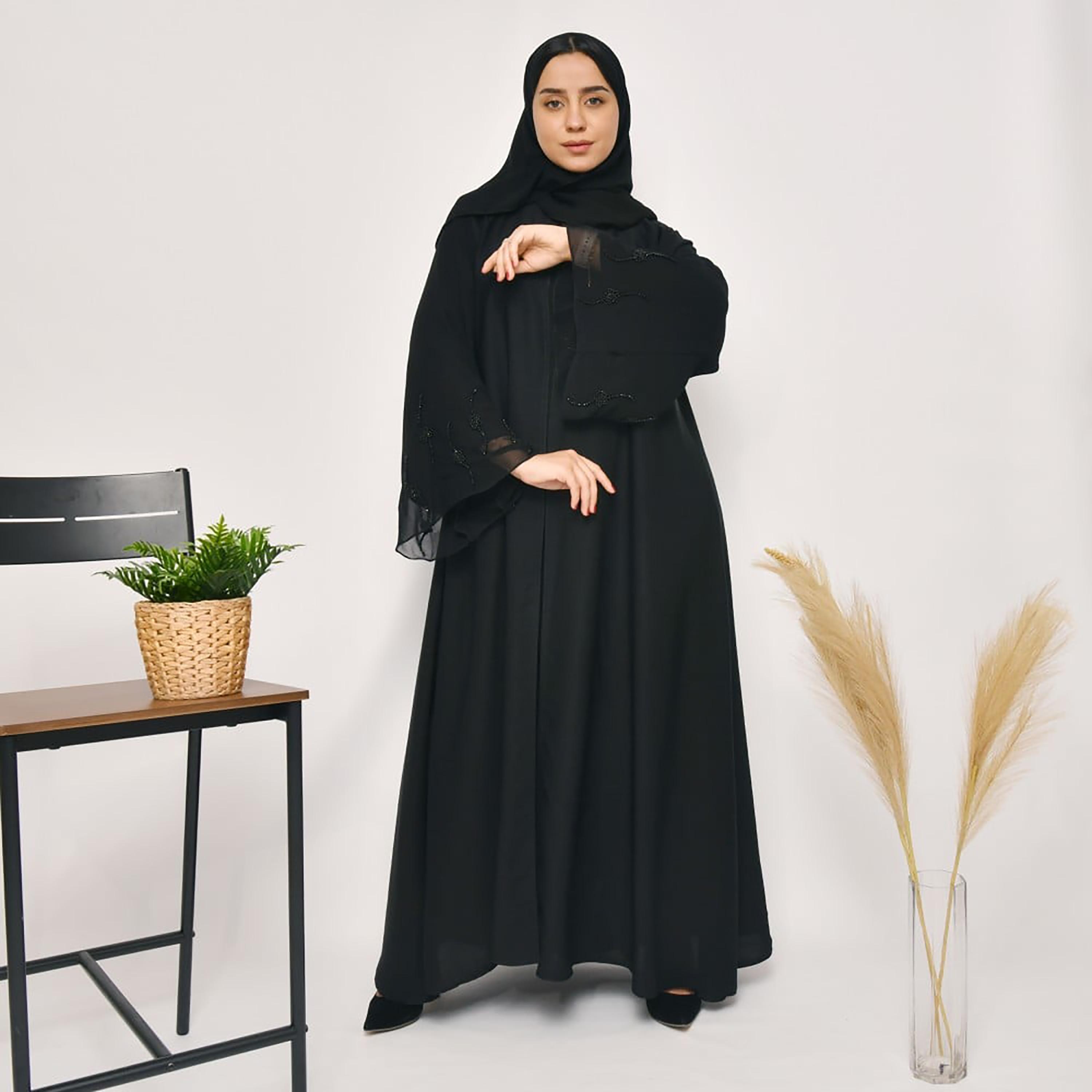 Lamha Plain Beaded Detailed Sleeves Abaya with Hijab-women-arabicclothing-abayas-image-1