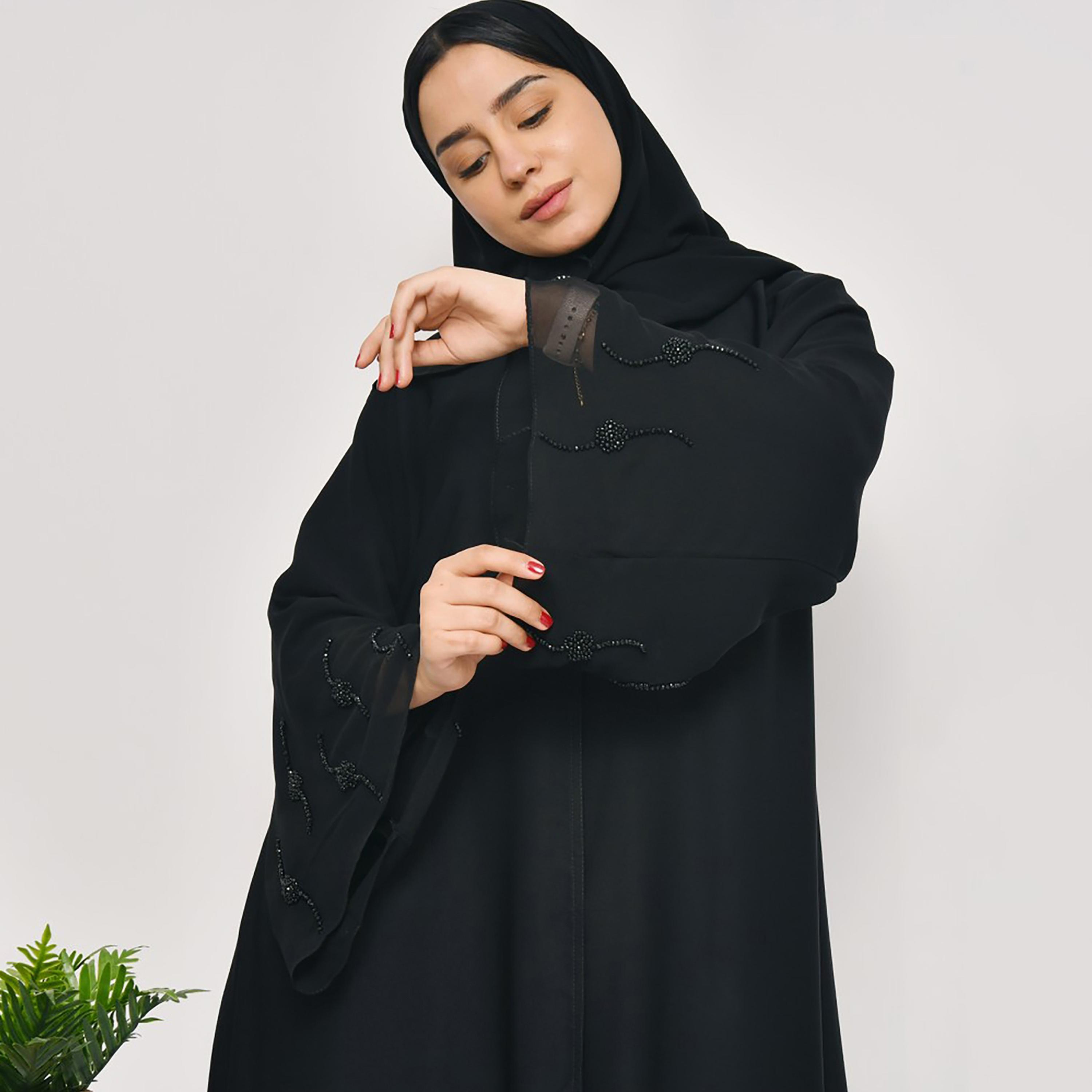 Lamha Plain Beaded Detailed Sleeves Abaya with Hijab-women-arabicclothing-abayas-image-3