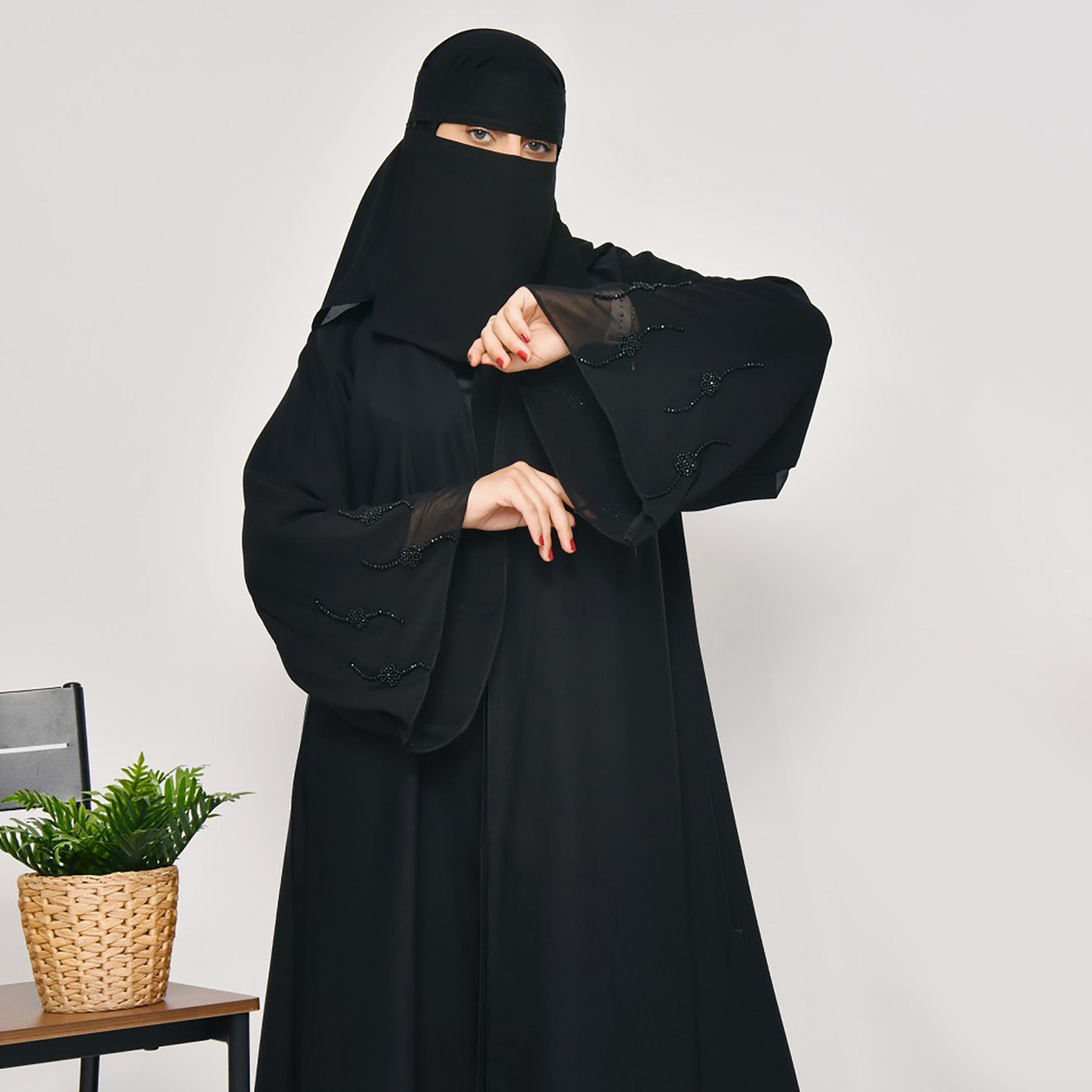 Lamha Plain Beaded Detailed Sleeves Abaya with Hijab-women-arabicclothing-abayas-image-5