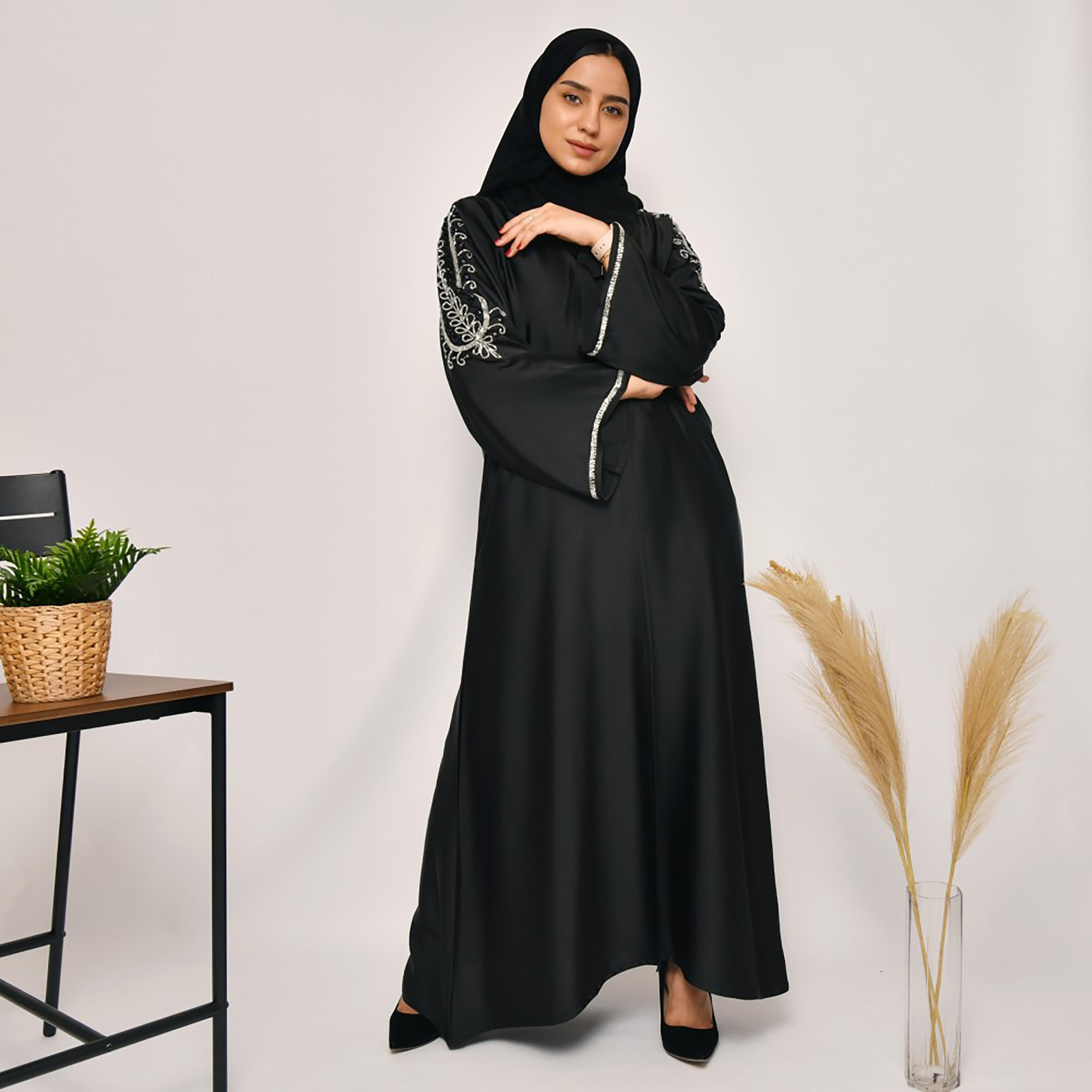 Lamha Embellished and Beaded Detailed Sleeves Abaya with Hijab-women-arabicclothing-abayas-image-1