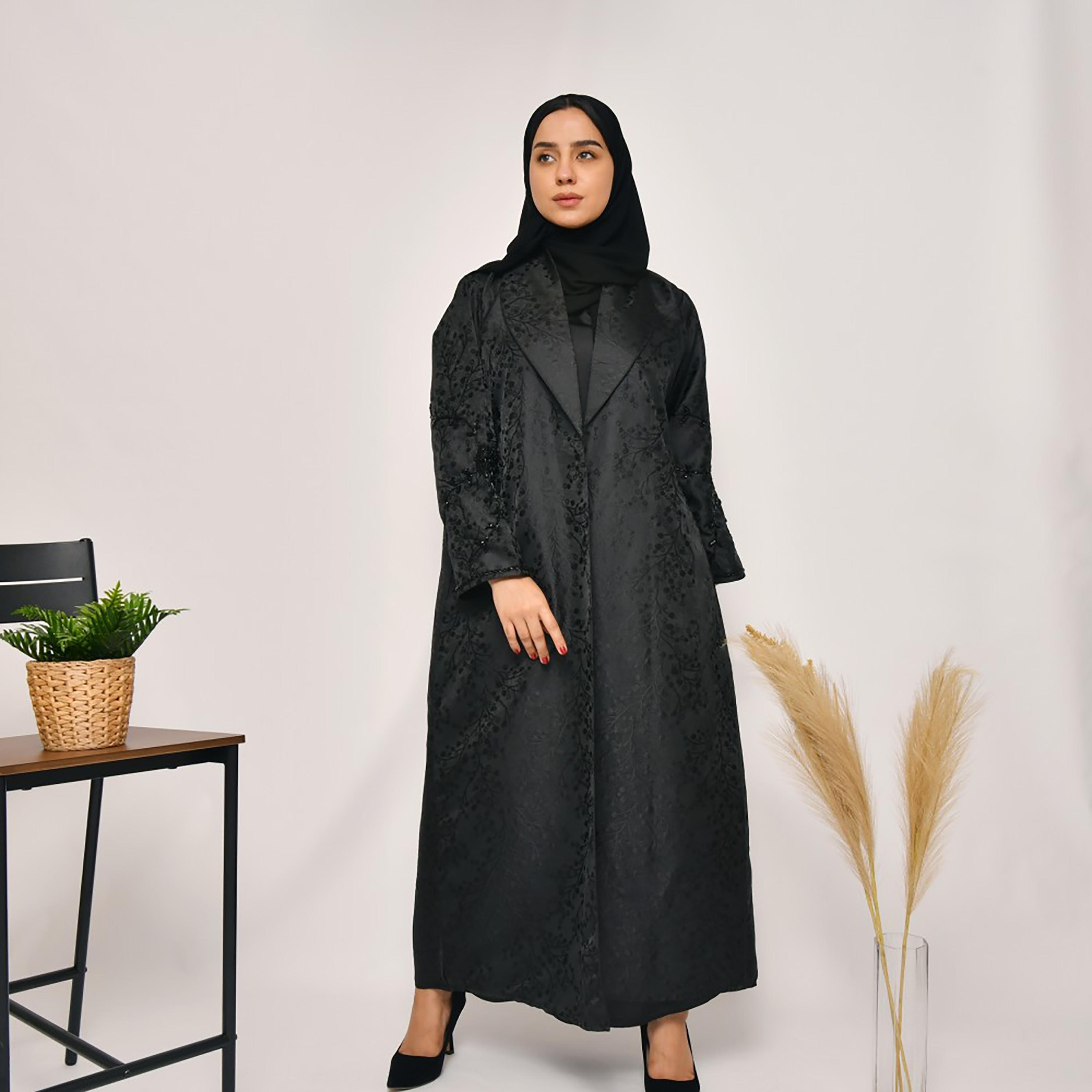 Lamha Patterned Beaded Detailed Sleeves Coat Style Abaya with Hijab-women-arabicclothing-abayas-image-1