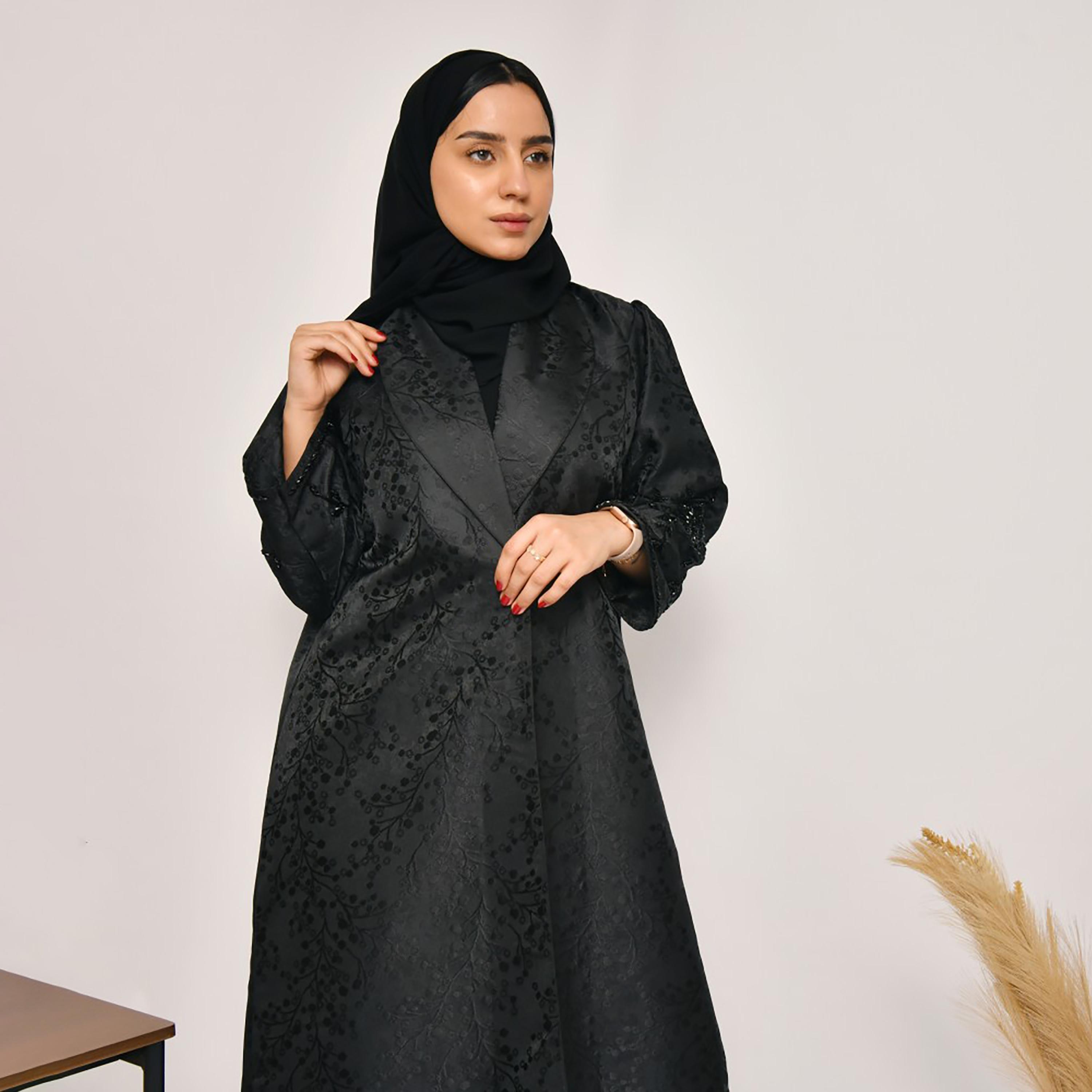 Lamha Patterned Beaded Detailed Sleeves Coat Style Abaya with Hijab-women-arabicclothing-abayas-image-2