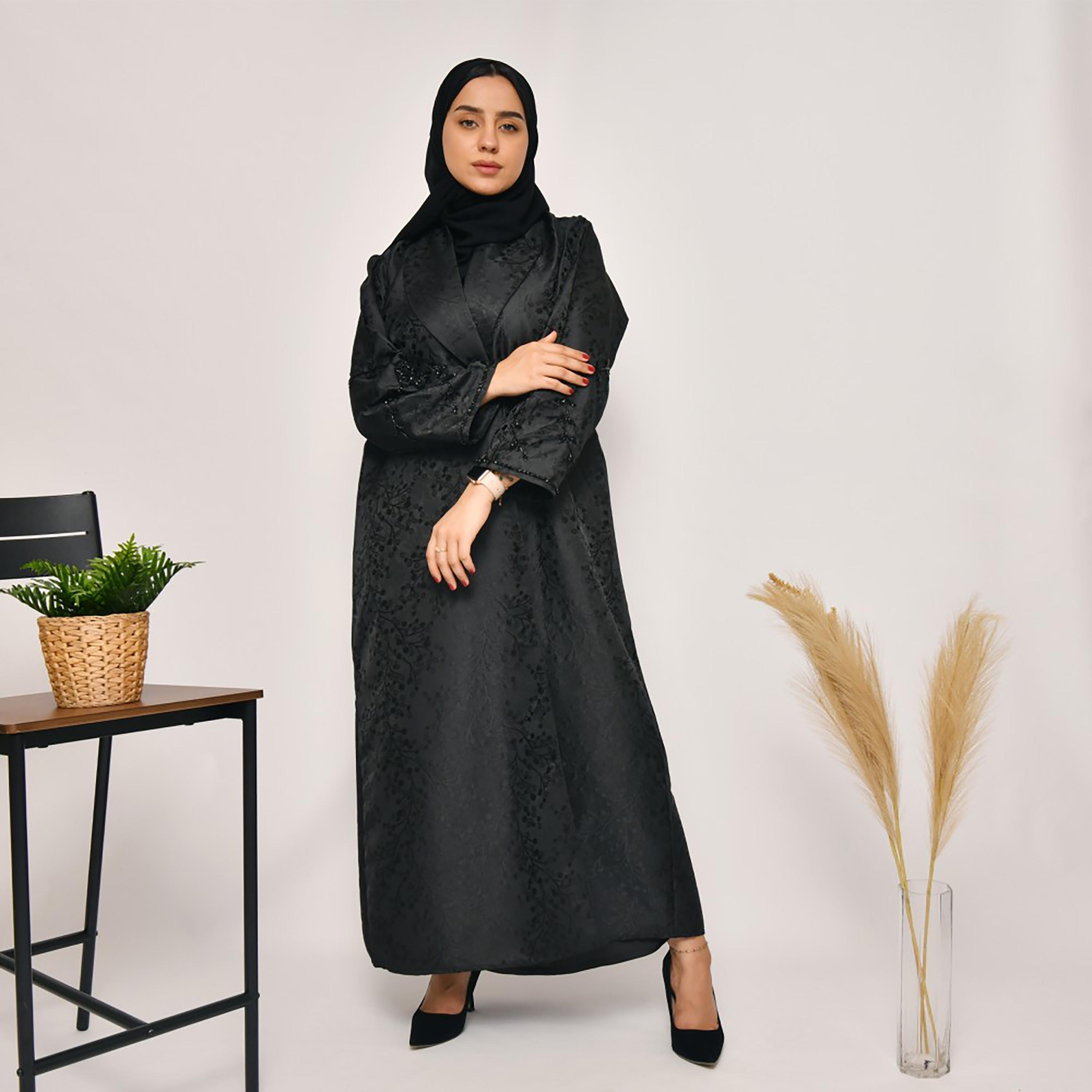 Lamha Patterned Beaded Detailed Sleeves Coat Style Abaya with Hijab-women-arabicclothing-abayas-image-4