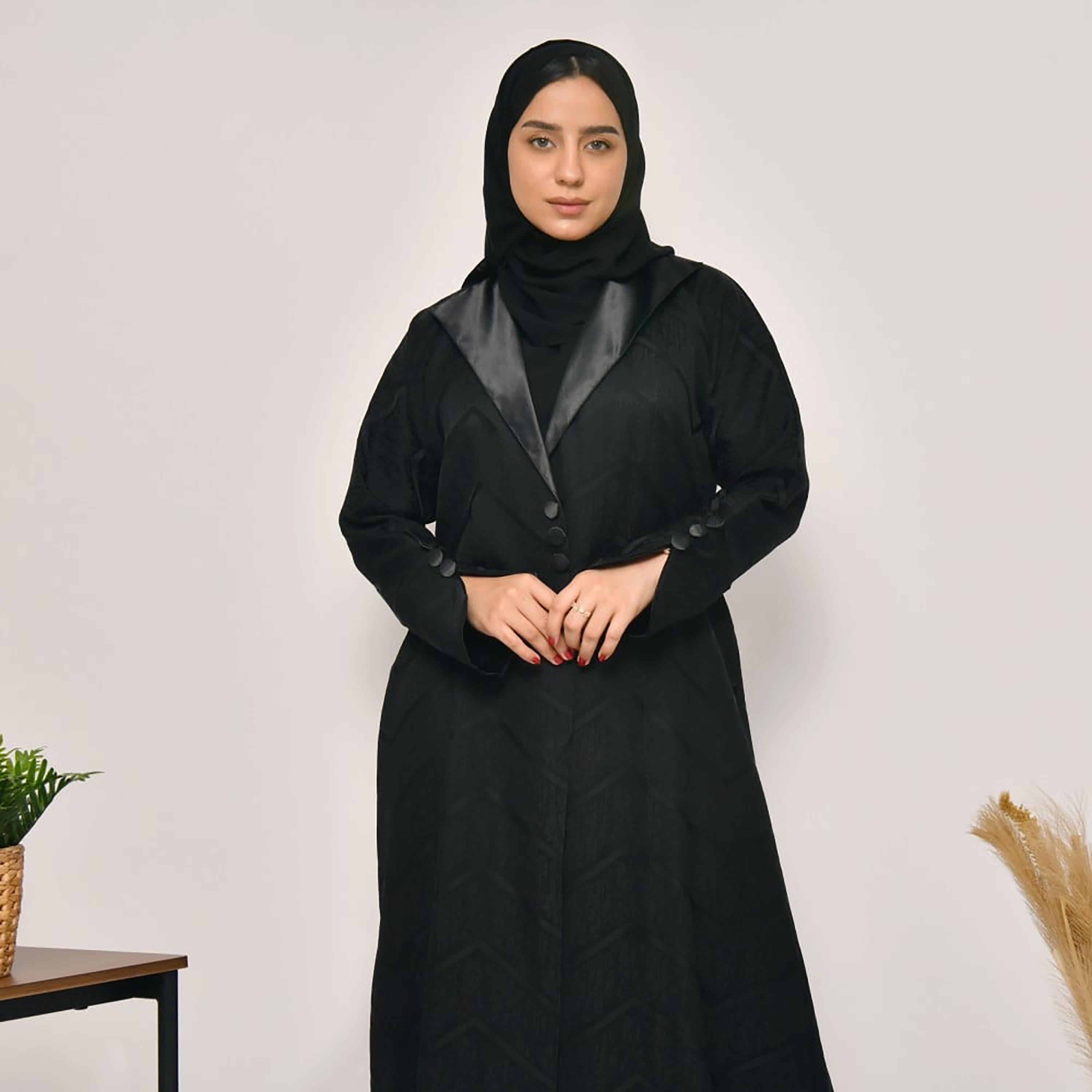 Lamha Zig-Zag Patterned Buttons Detailed Sleeves Coat Style Abaya with Hijab-women-arabicclothing-abayas-image-2