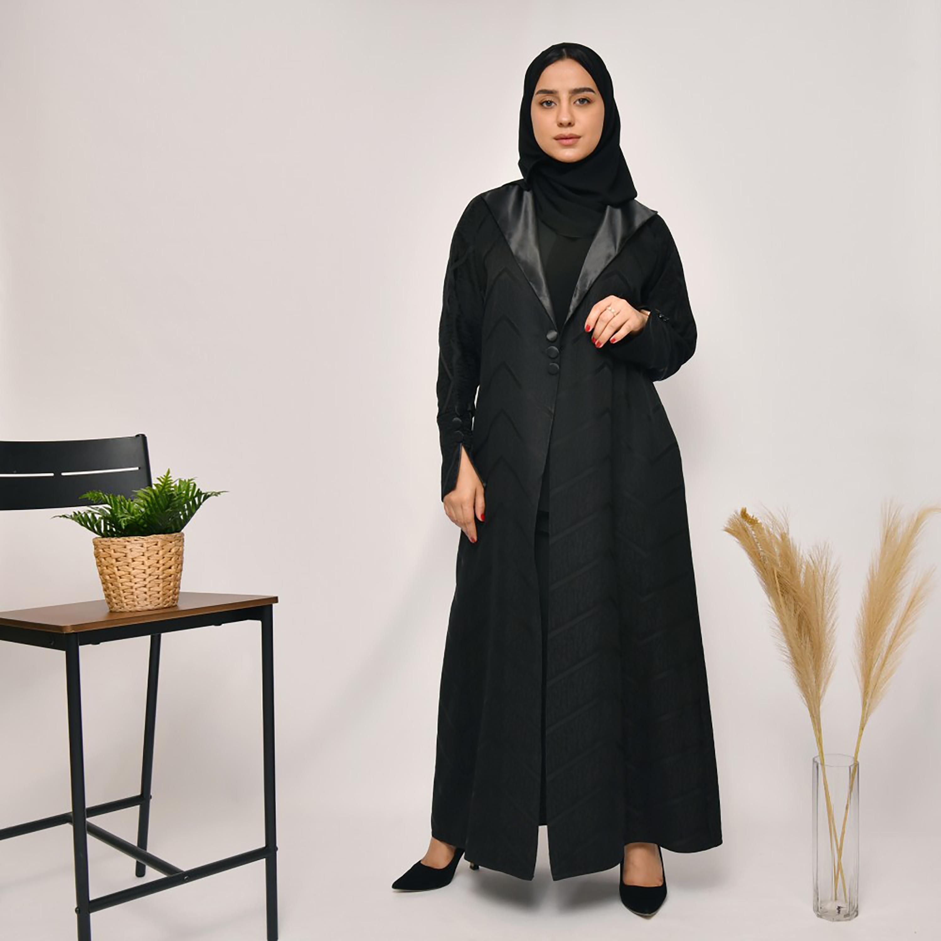 Lamha Zig-Zag Patterned Buttons Detailed Sleeves Coat Style Abaya with Hijab-women-arabicclothing-abayas-image-4