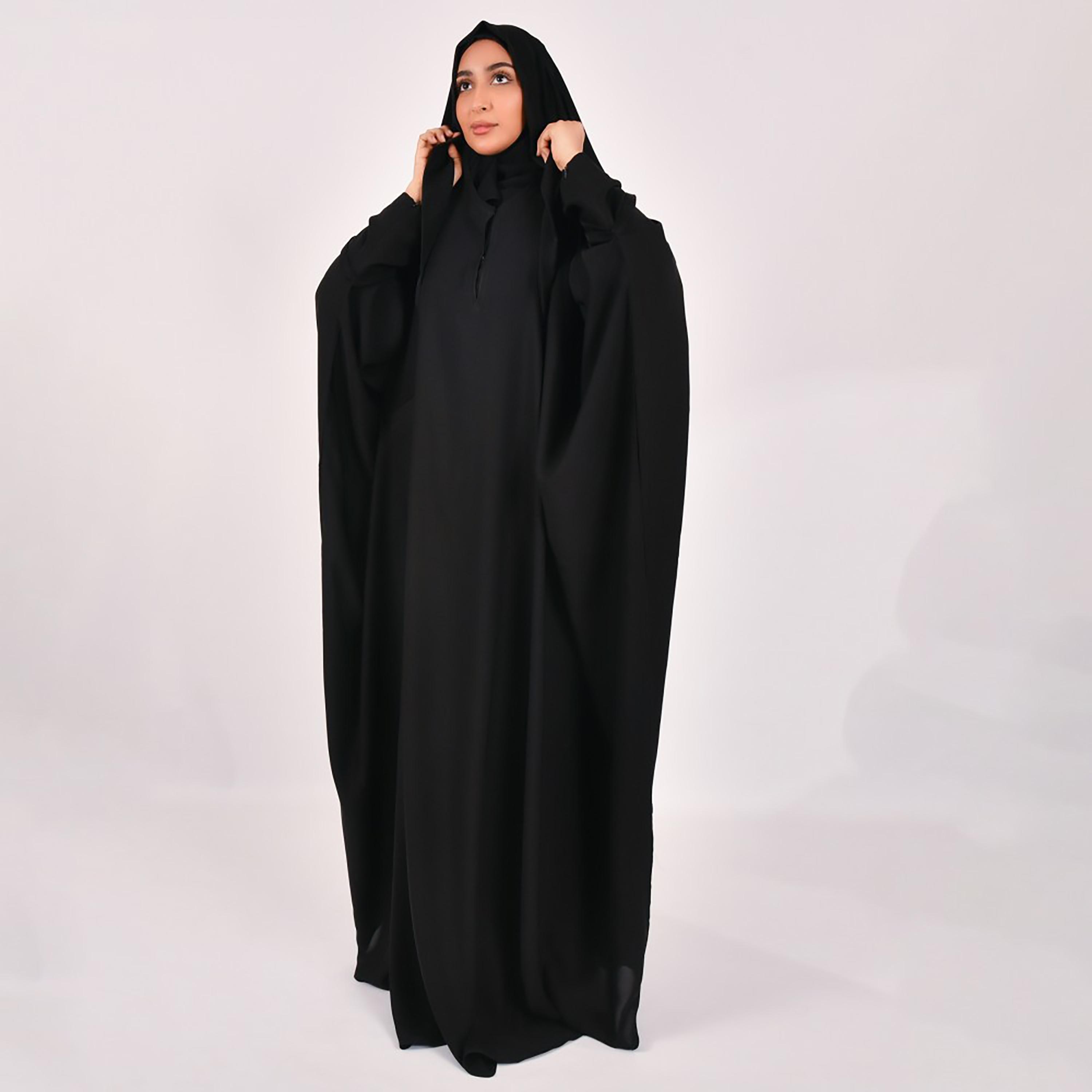 Lamha Plain Zipped Detailed Sleeves Closed Head Abaya with Hijab-women-arabicclothing-prayerclothing-image-1
