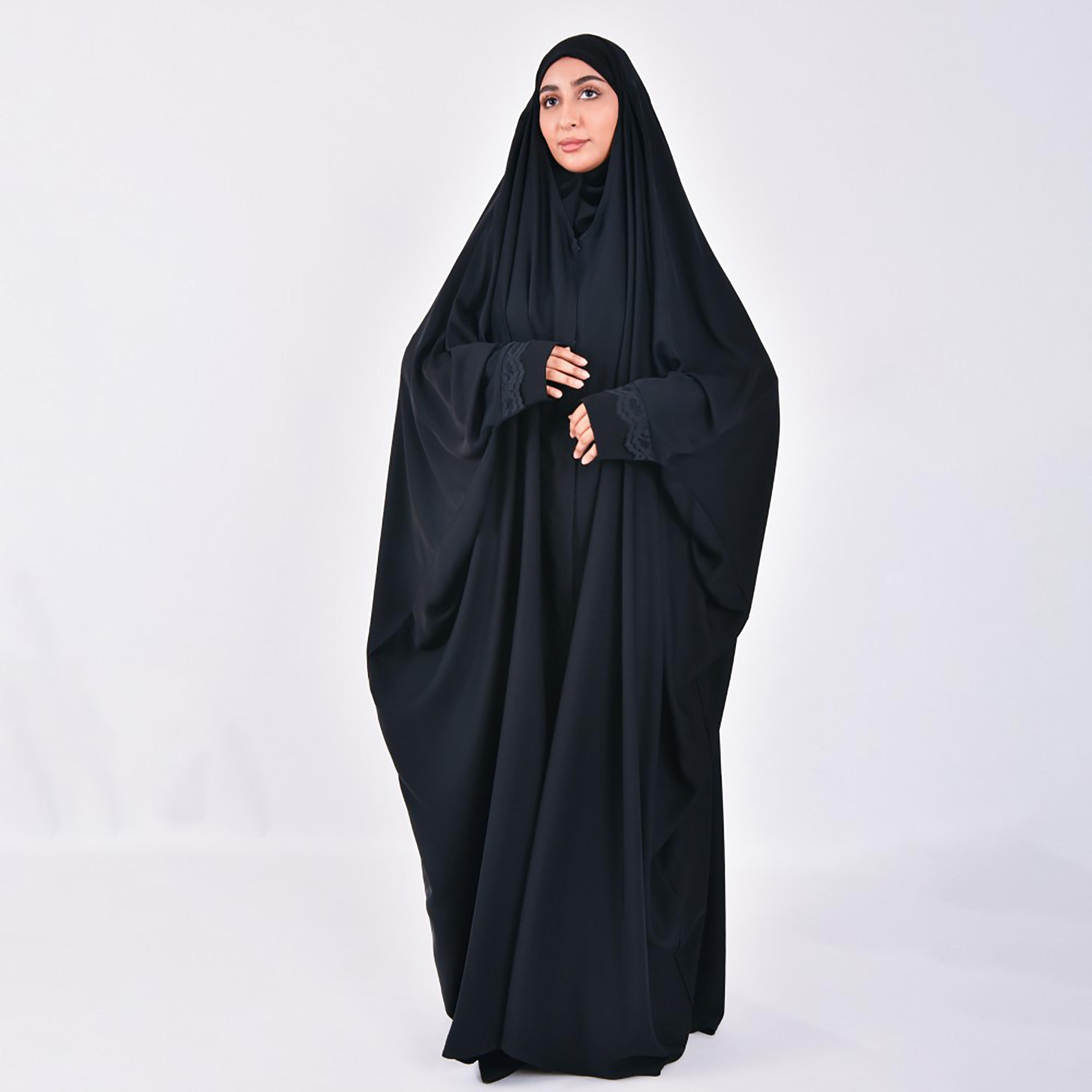Lamha Plain Lace Detailed Sleeves Closed Head Abaya with Hijab-women-arabicclothing-abayas-image-1