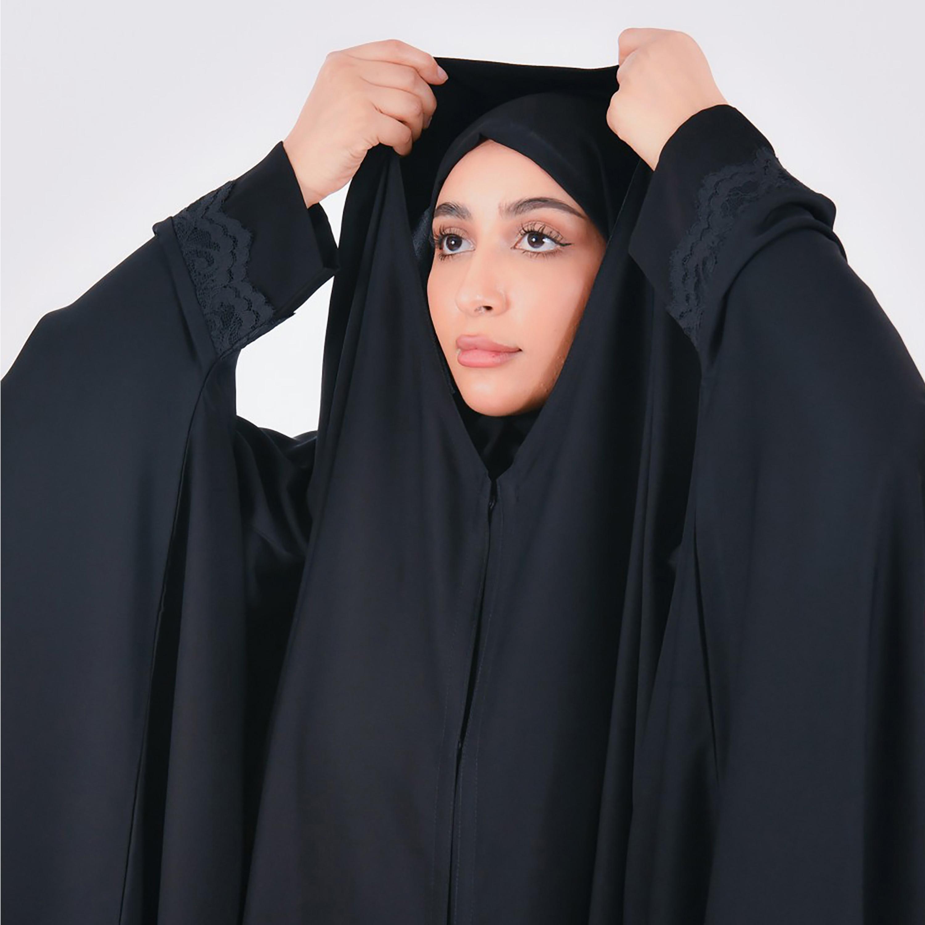 Lamha Plain Lace Detailed Sleeves Closed Head Abaya with Hijab-women-arabicclothing-abayas-image-2