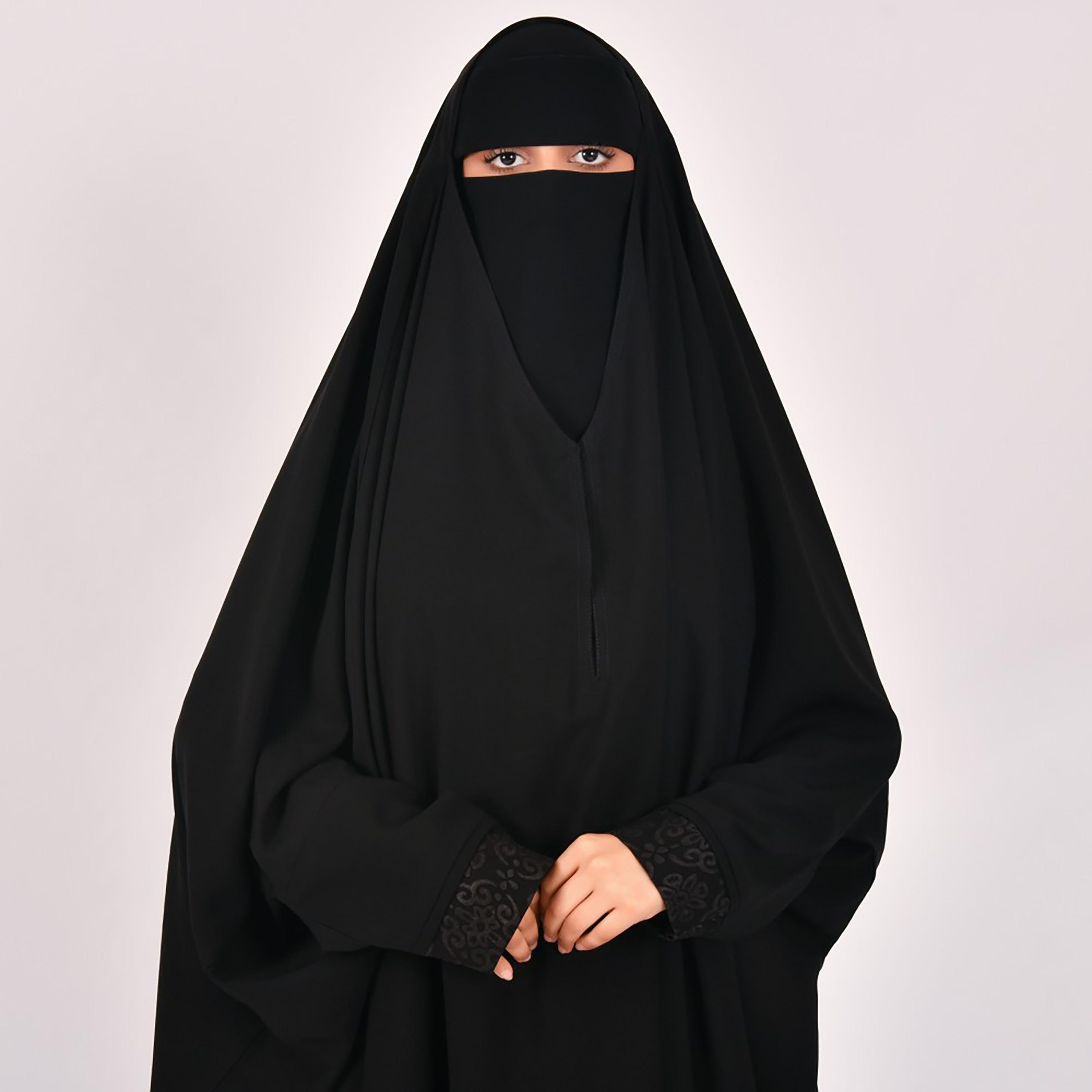 Lamha Plain Lace Detailed Sleeves Closed Head Abaya with Hijab-women-arabicclothing-abayas-image-2
