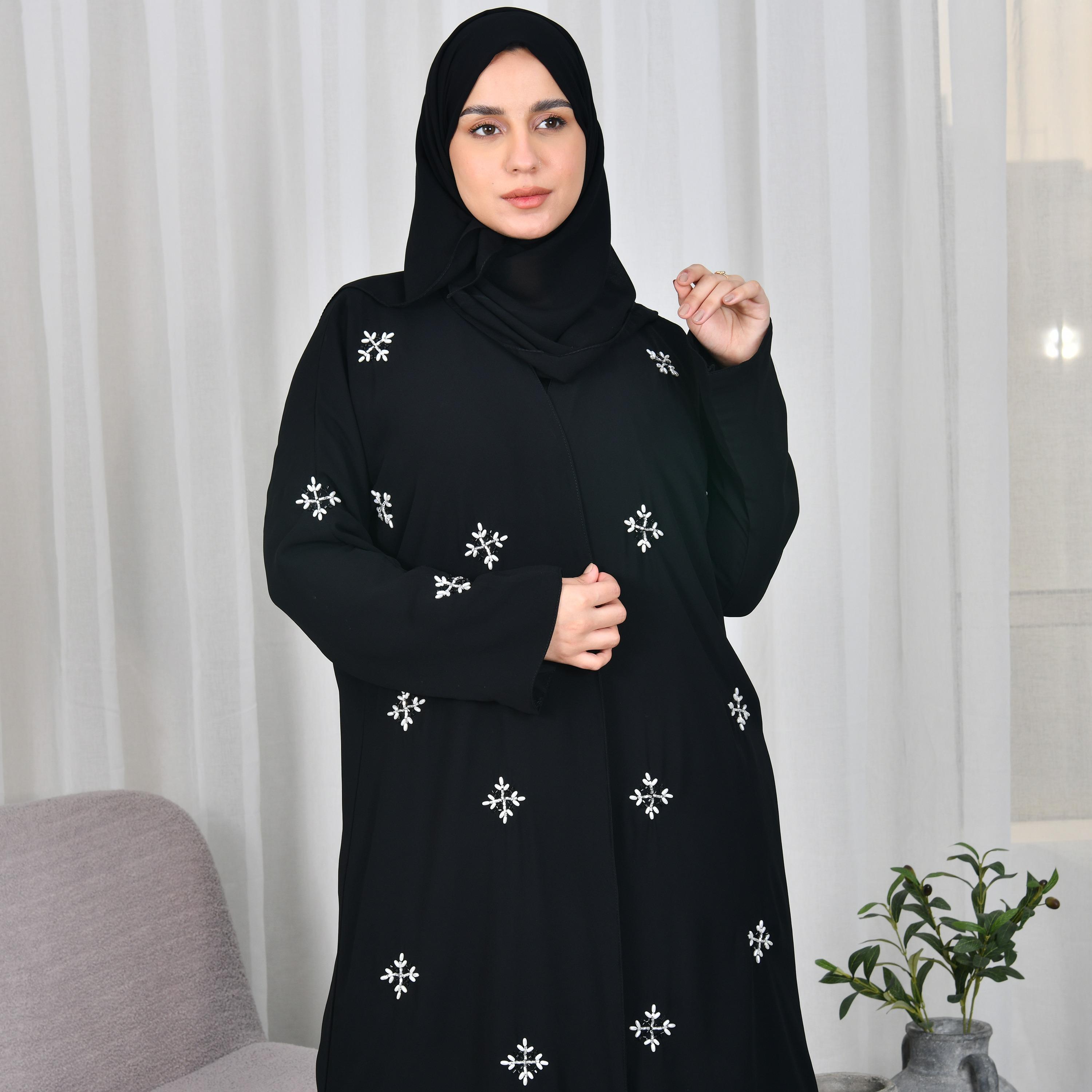 Lamha Black Embroidered Crepe Women Abaya with Hijab-women-arabicclothing-abayas-image-2