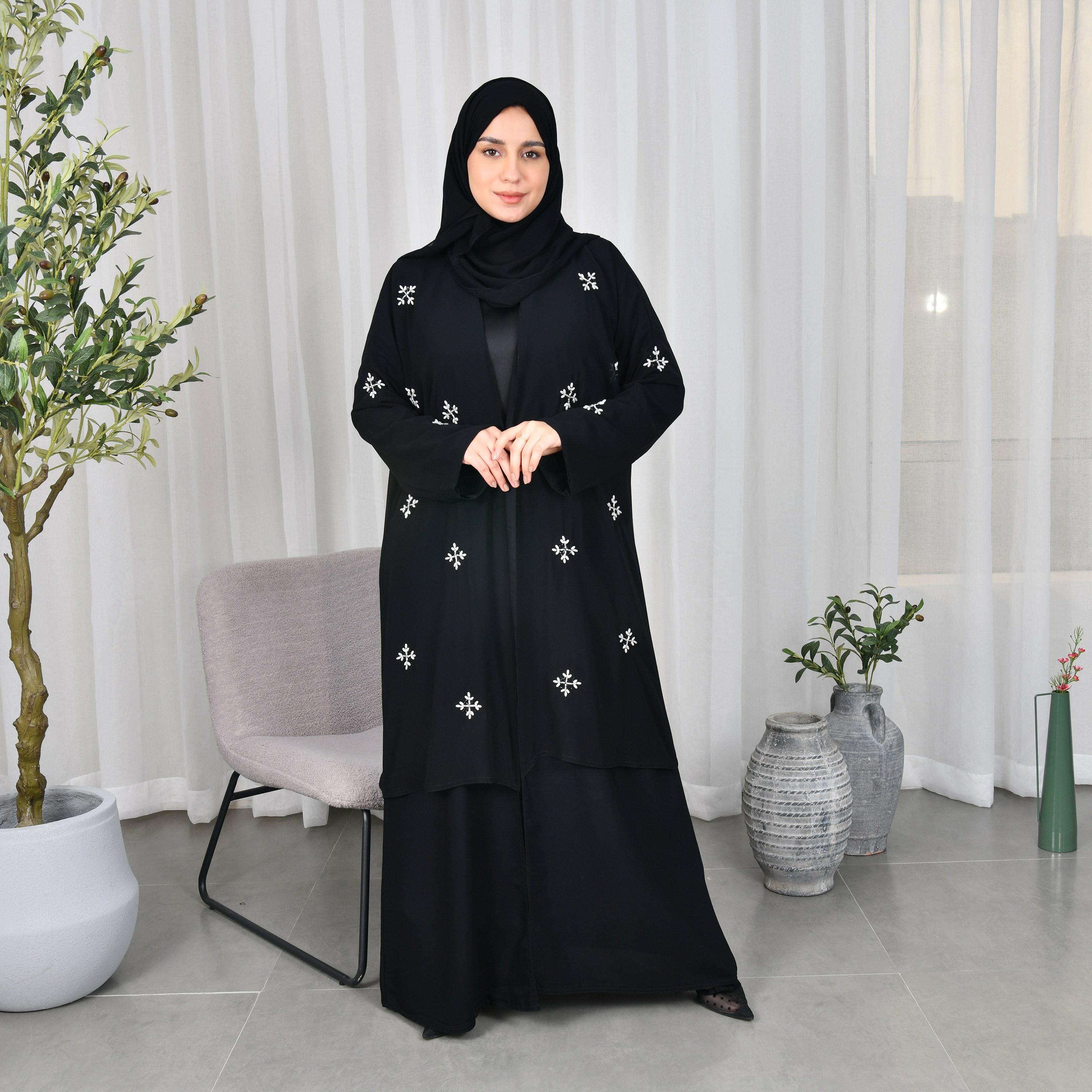 Lamha Black Embroidered Crepe Women Abaya with Hijab-women-arabicclothing-abayas-image-3