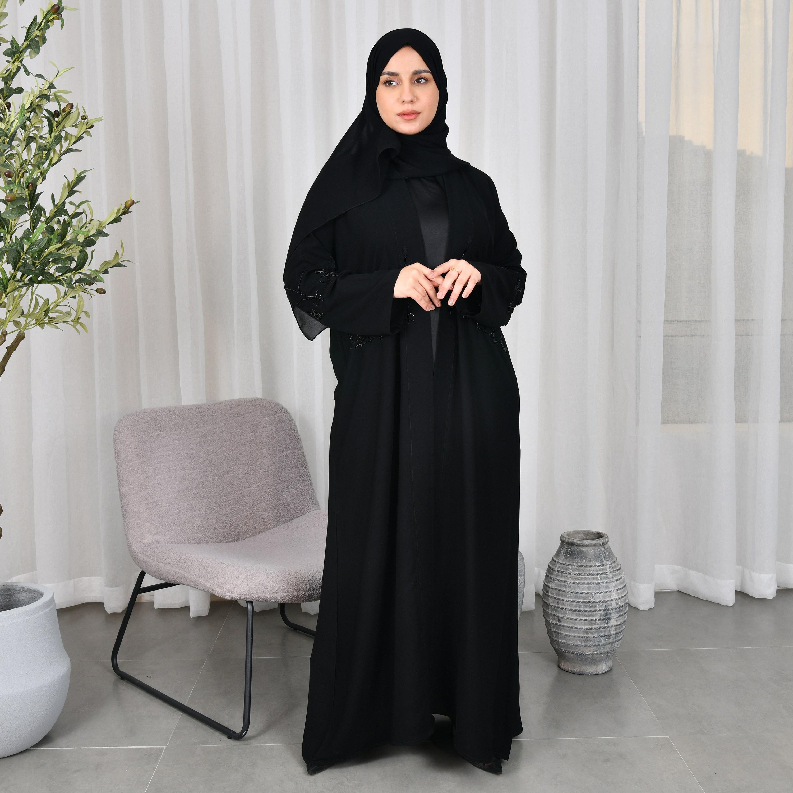 Lamha Black Beaded Crepe Women Abaya with Hijab-women-arabicclothing-abayas-image-1