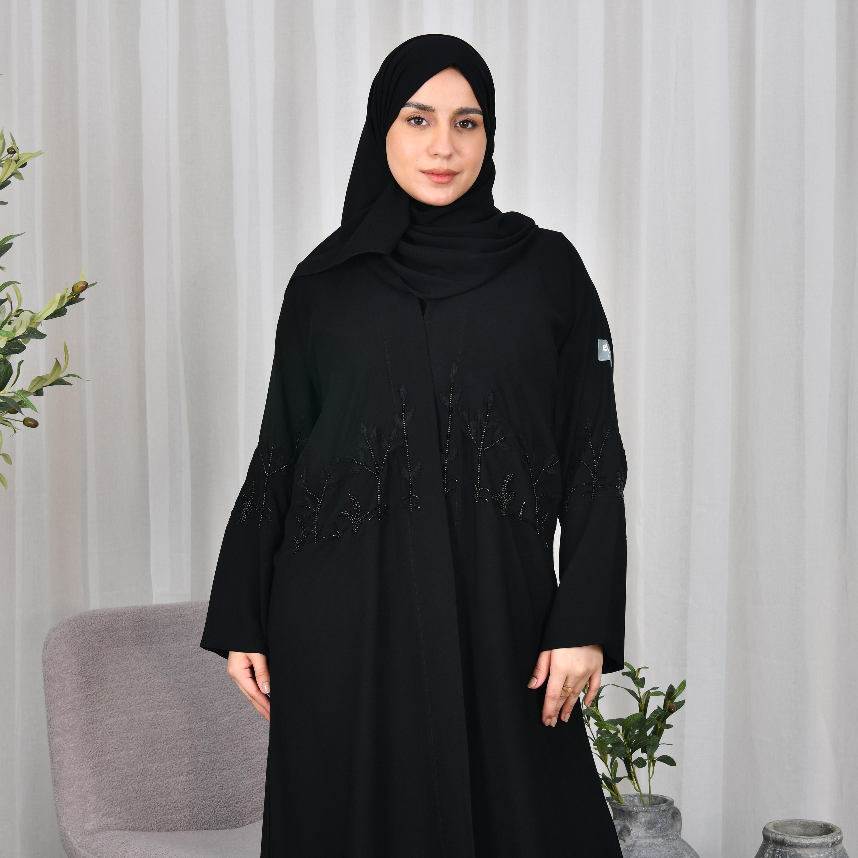 Lamha Black Beaded Crepe Women Abaya with Hijab-women-arabicclothing-abayas-image-2