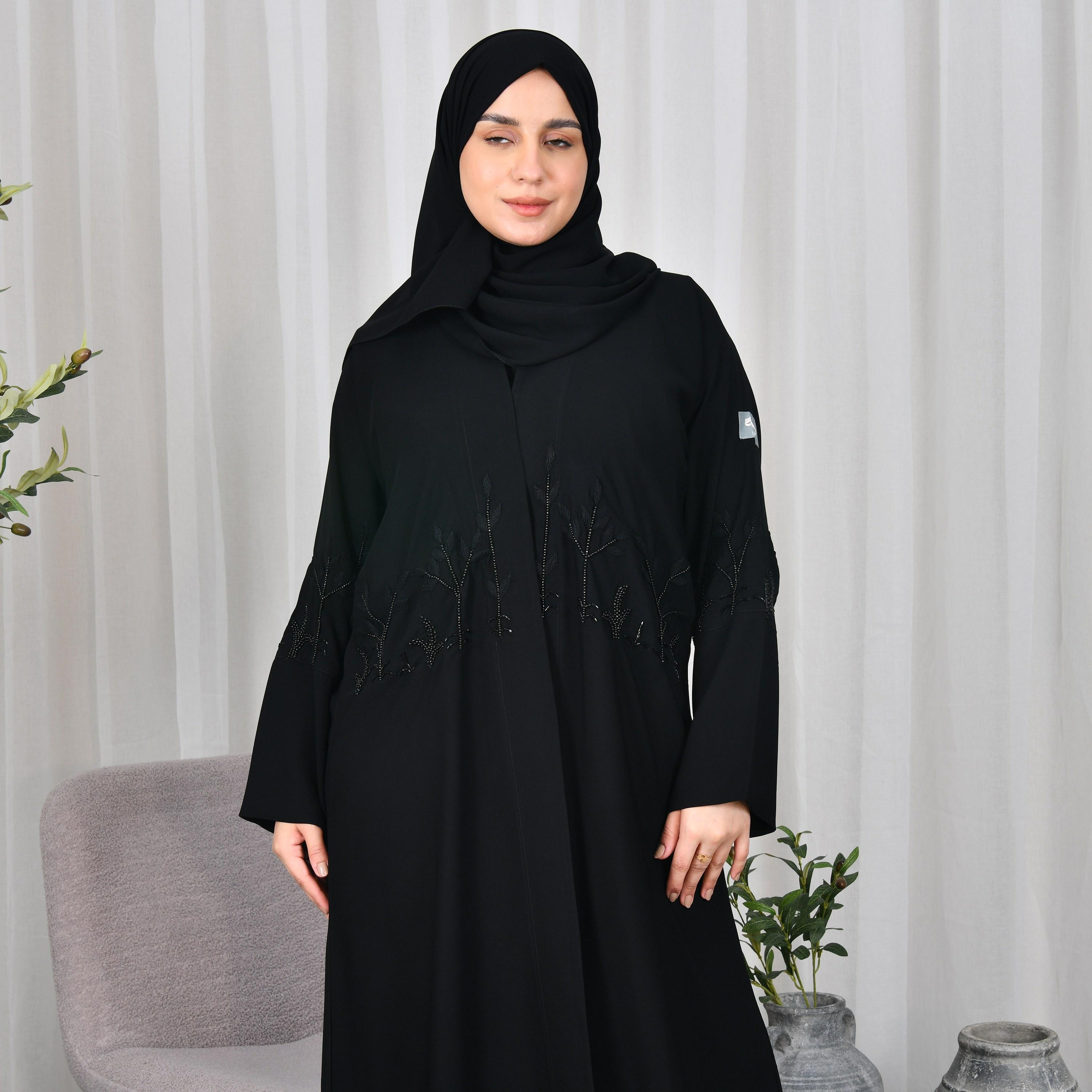 Lamha Black Beaded Crepe Women Abaya with Hijab-women-arabicclothing-abayas-image-3