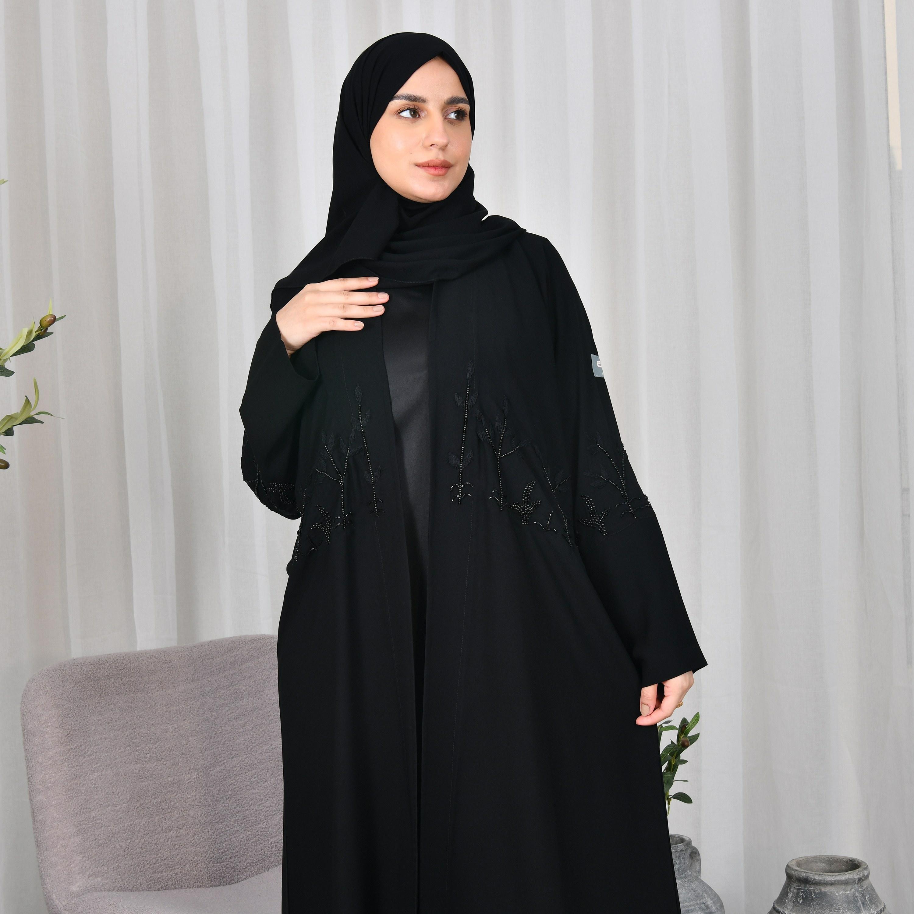 Lamha Black Beaded Crepe Women Abaya with Hijab-women-arabicclothing-abayas-image-4