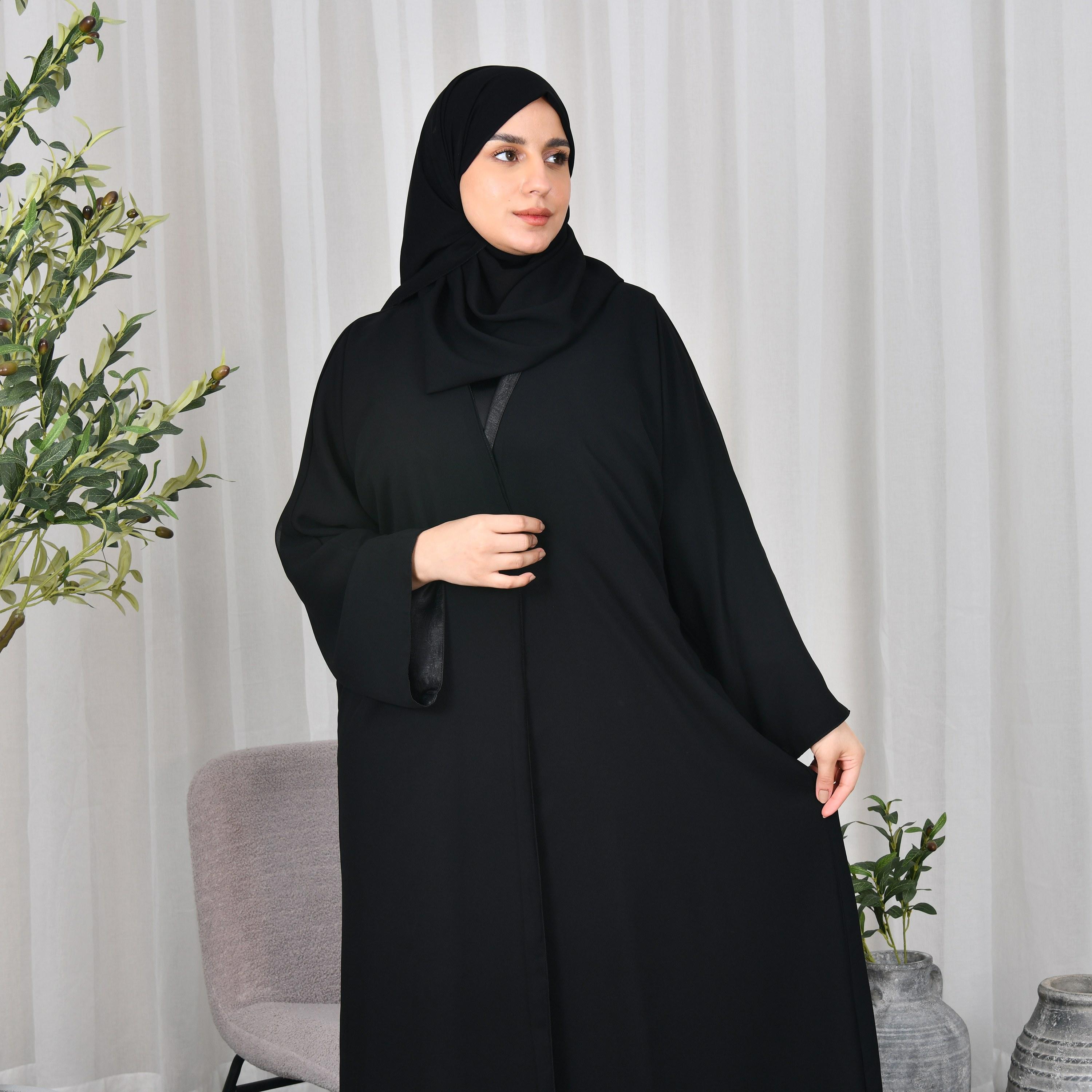 Lamha Black Flare Sleeves Crepe Women Abaya with Hijab-women-arabicclothing-abayas-image-2