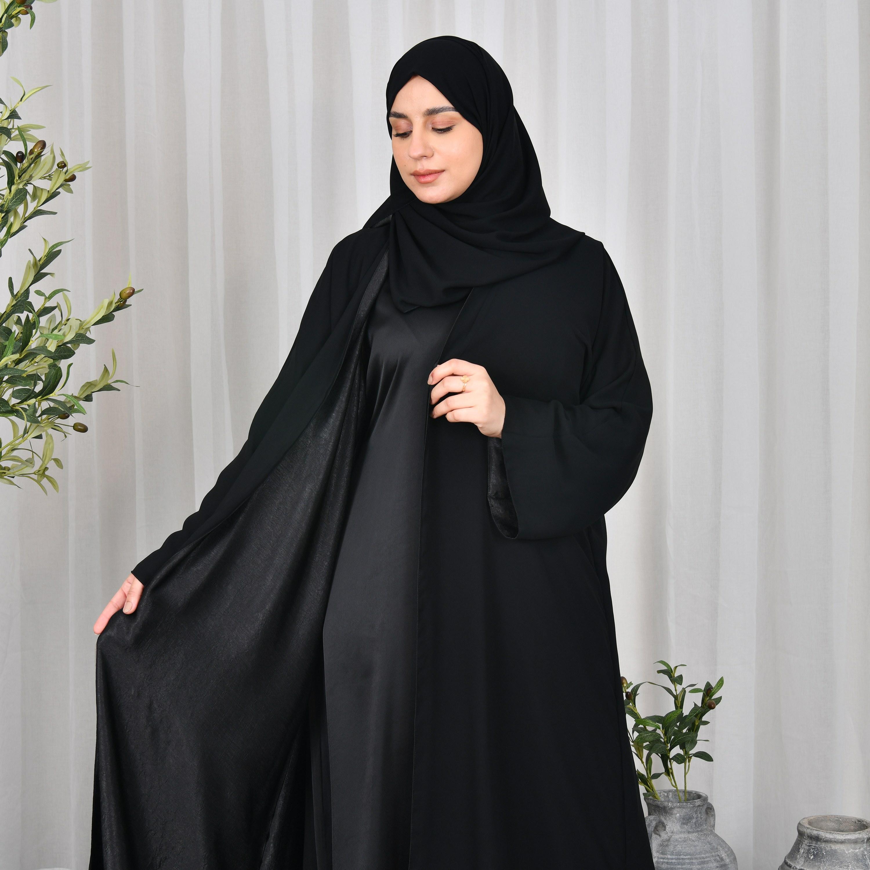 Lamha Black Flare Sleeves Crepe Women Abaya with Hijab-women-arabicclothing-abayas-image-3