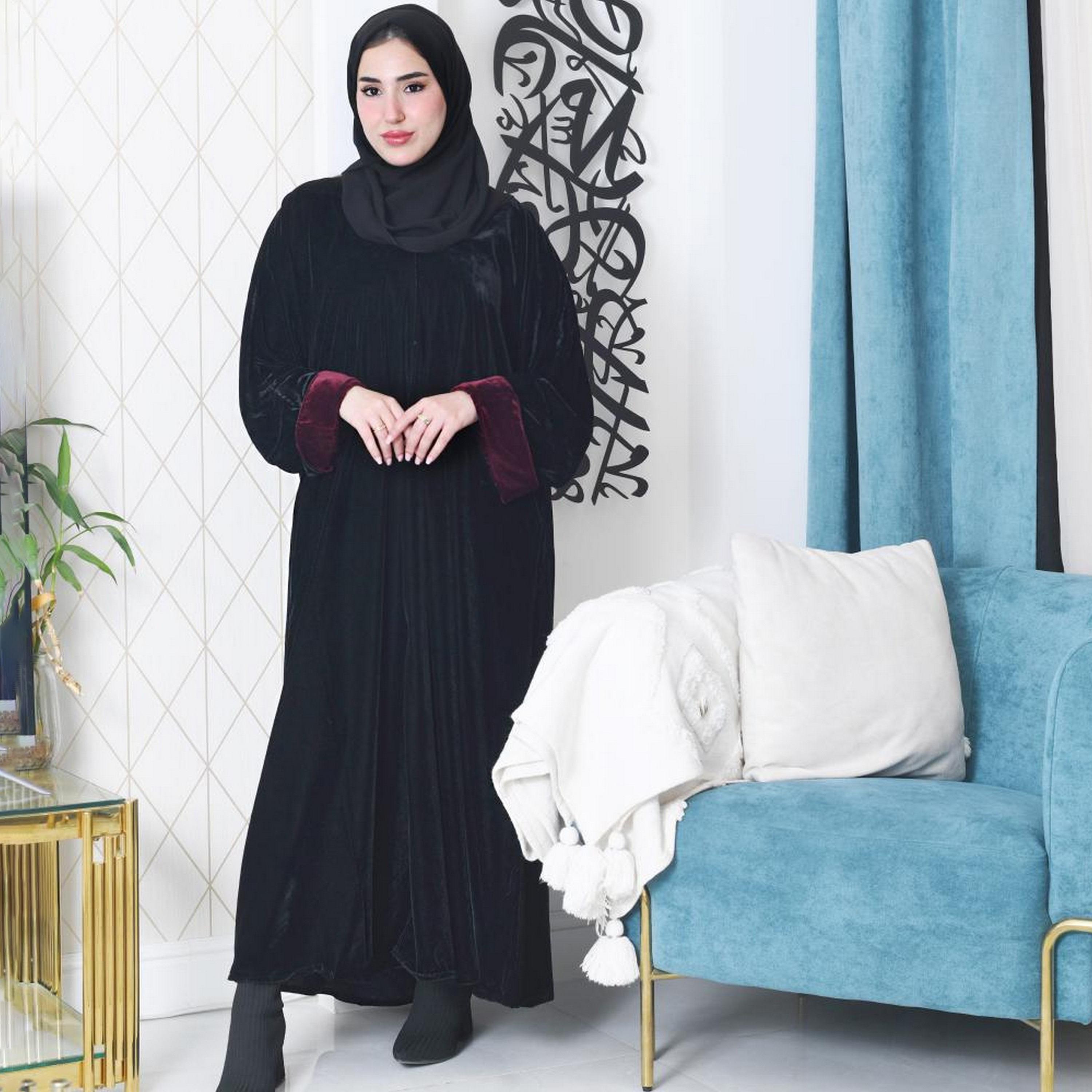 Lamha Black Open-Front Neck Flared Sleeves Crepe Women's Cloche Abaya with Hijab-women-arabicclothing-abayas-image-1