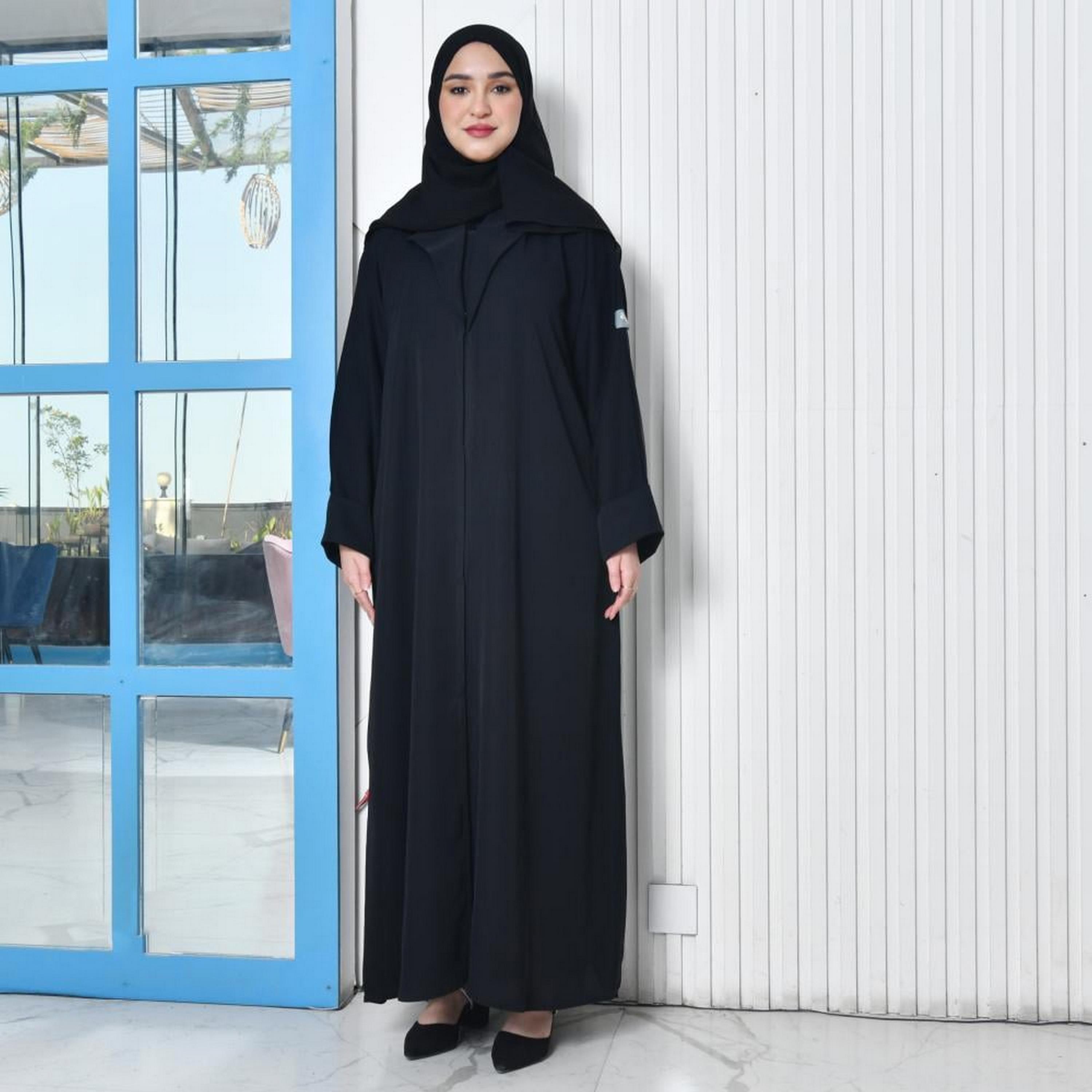 Lamha Black Open-Front Neck Flared Sleeves Crepe Women's Blazer Abaya with Hijab-women-arabicclothing-abayas-image-1