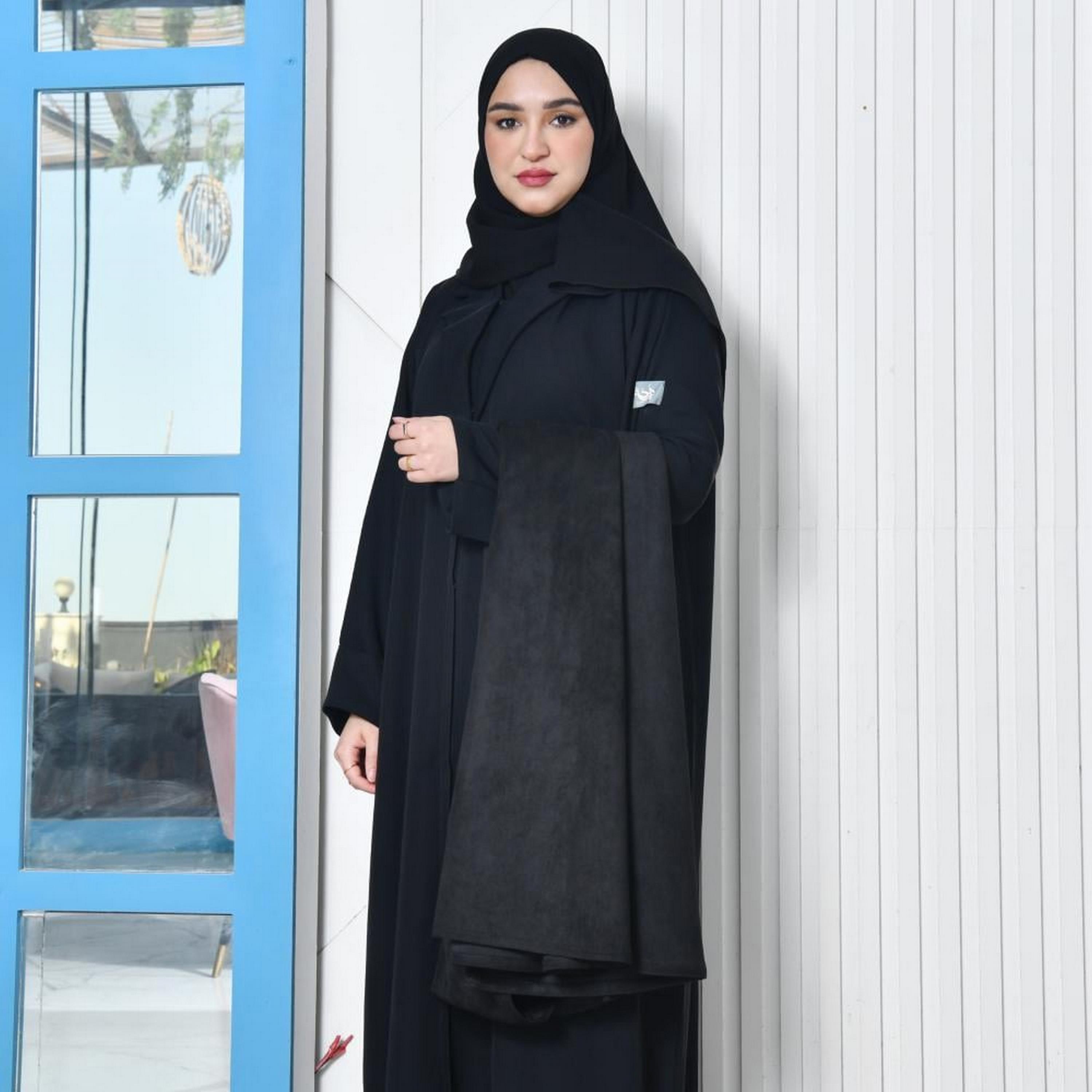 Lamha Black Open-Front Neck Flared Sleeves Crepe Women's Blazer Abaya with Hijab-women-arabicclothing-abayas-image-2