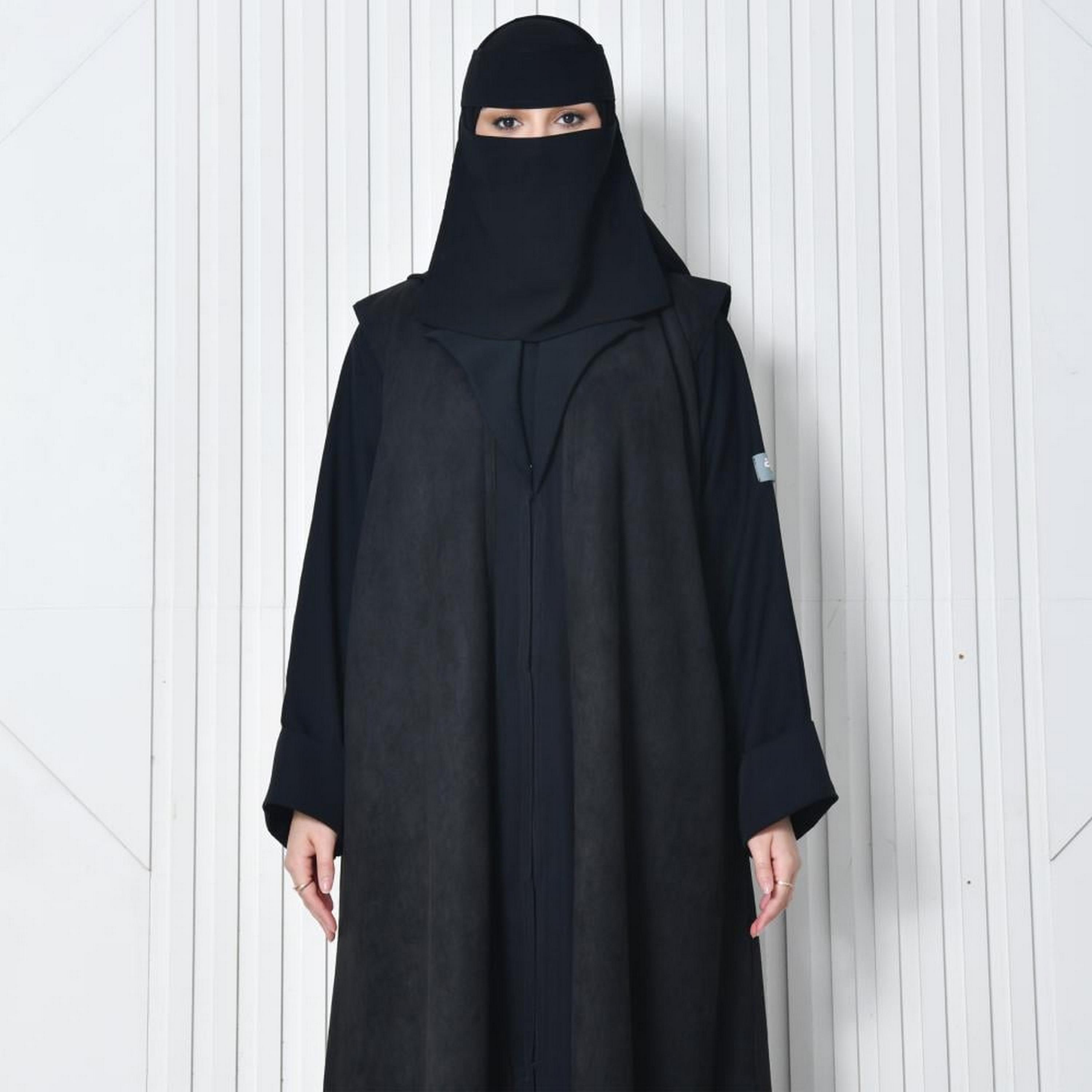 Lamha Black Open-Front Neck Flared Sleeves Crepe Women's Blazer Abaya with Hijab-women-arabicclothing-abayas-image-3