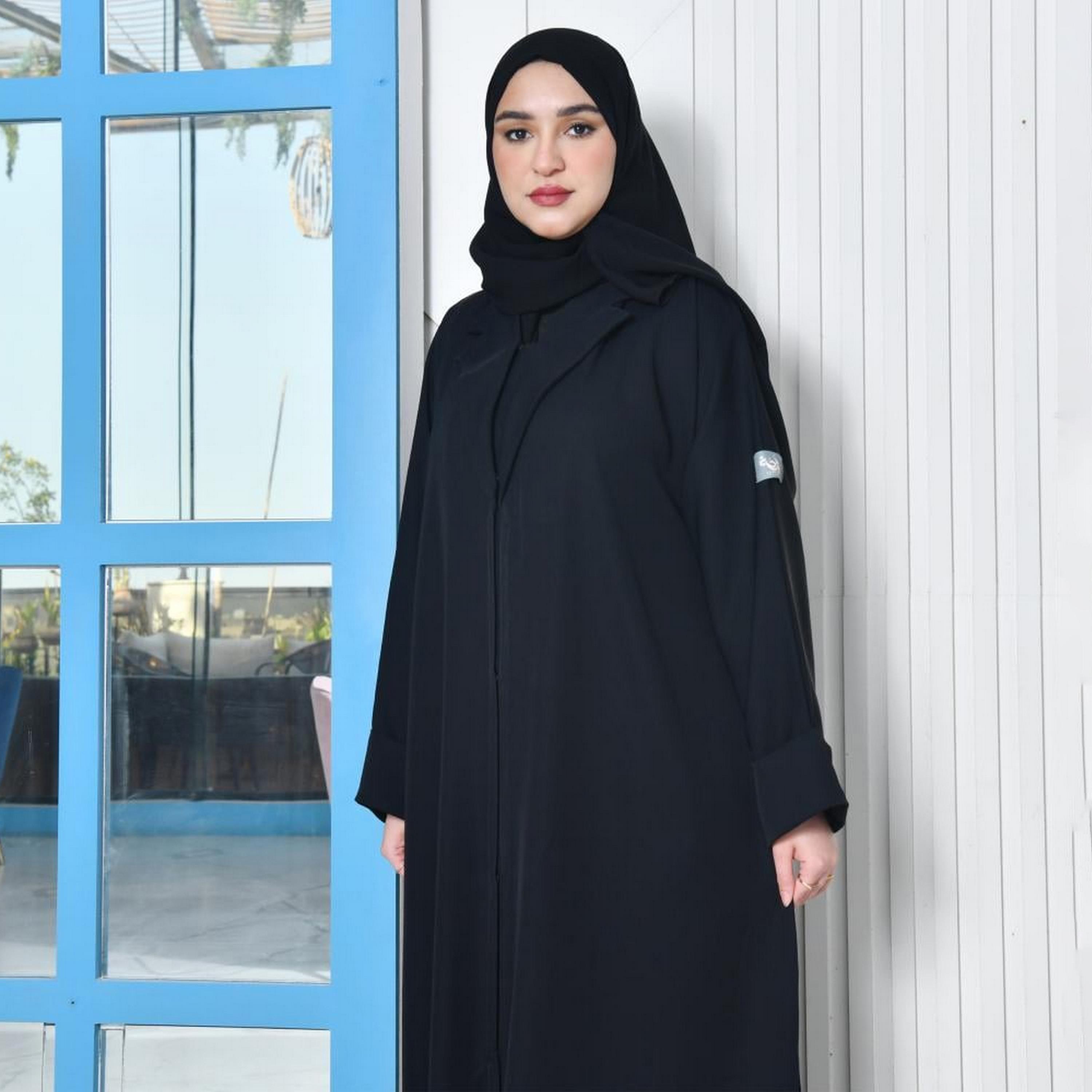 Lamha Black Open-Front Neck Flared Sleeves Crepe Women's Blazer Abaya with Hijab-women-arabicclothing-abayas-image-4