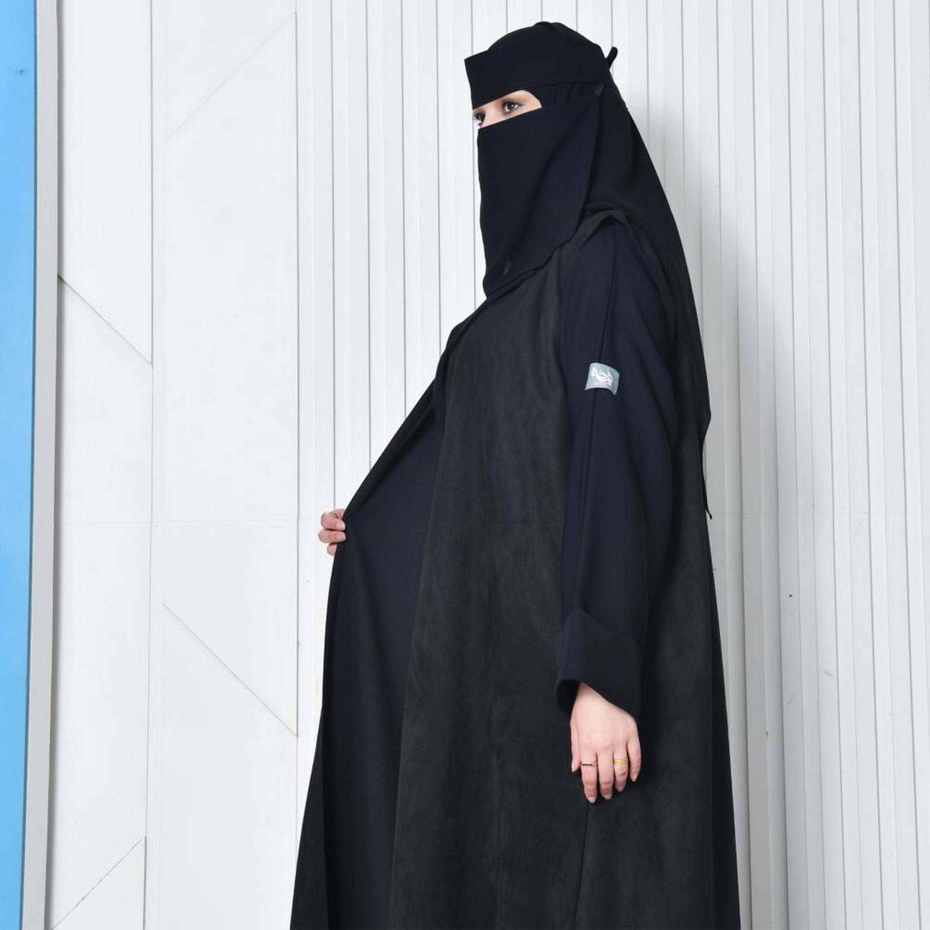 Lamha Black Open-Front Neck Flared Sleeves Crepe Women's Blazer Abaya with Hijab-women-arabicclothing-abayas-image-6
