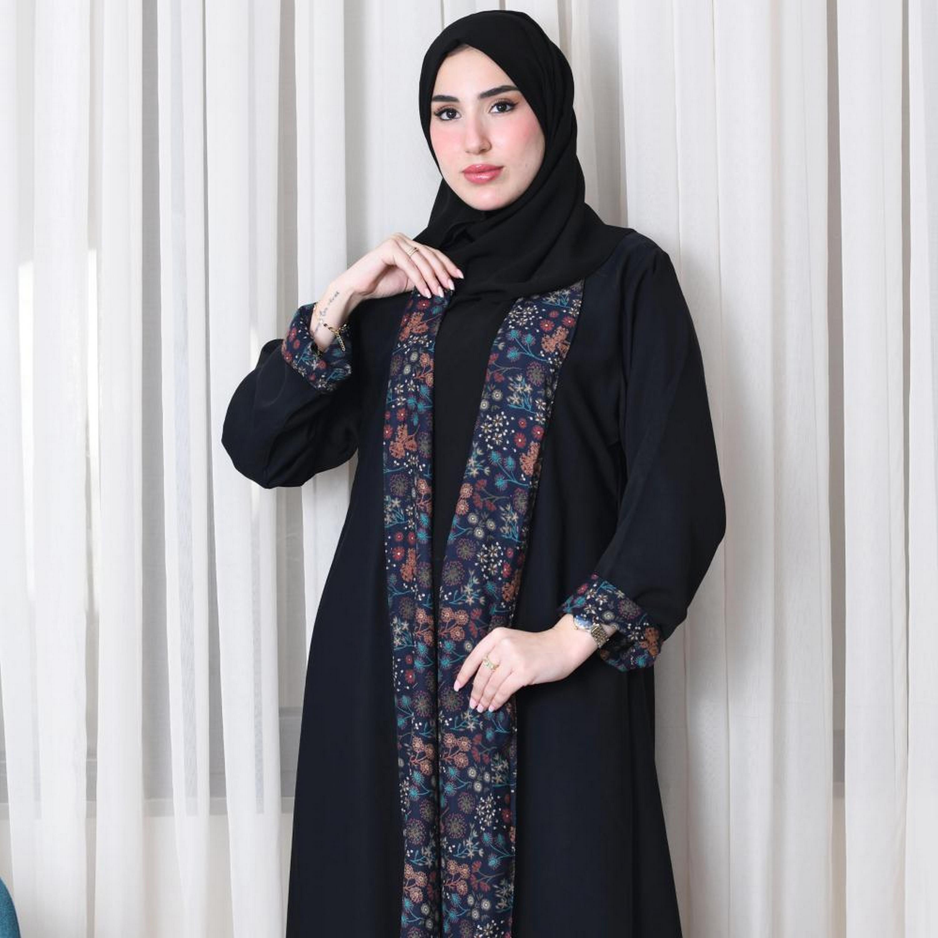 Lamha Black Floral Print Notch Collared Chiffon Women's Double Face Cloche Abaya with Hijab-women-arabicclothing-abayas-image-2