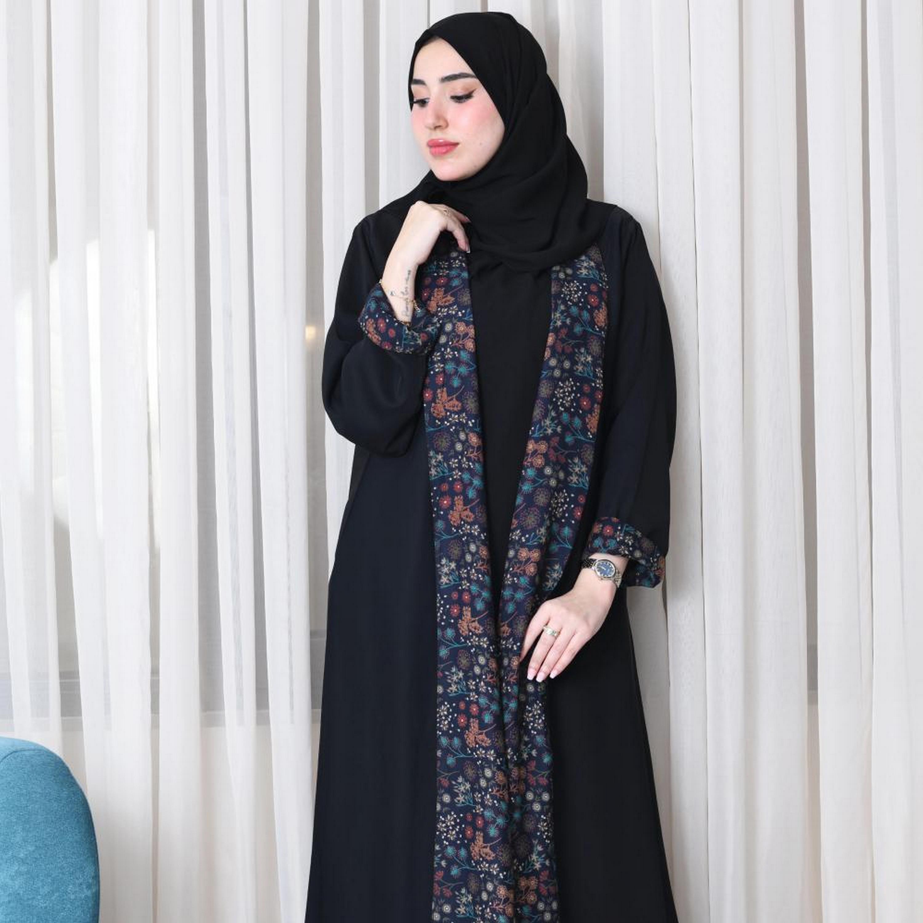 Lamha Black Floral Print Notch Collared Chiffon Women's Double Face Cloche Abaya with Hijab-women-arabicclothing-abayas-image-3