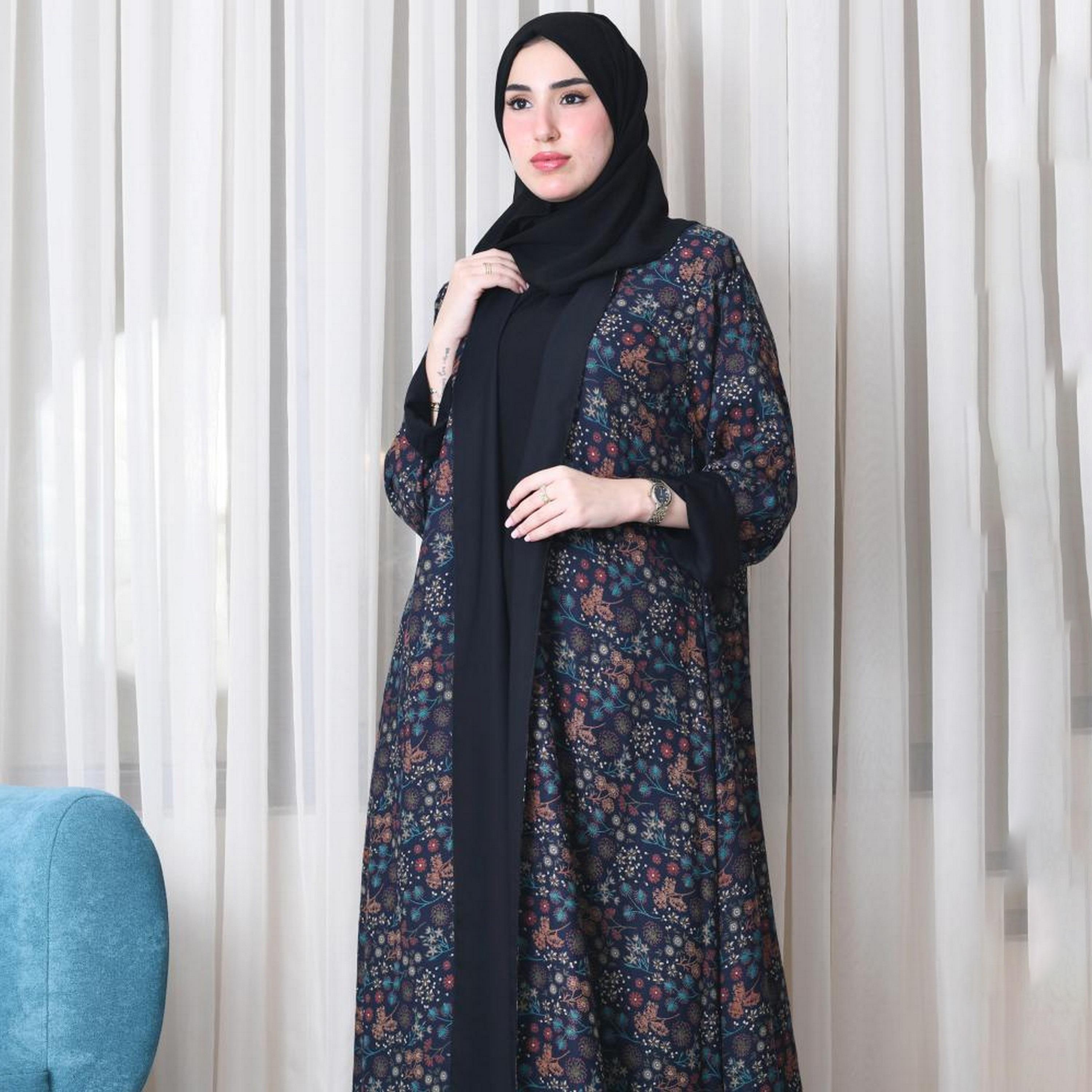 Lamha Black Floral Print Notch Collared Chiffon Women's Double Face Cloche Abaya with Hijab-women-arabicclothing-abayas-image-6