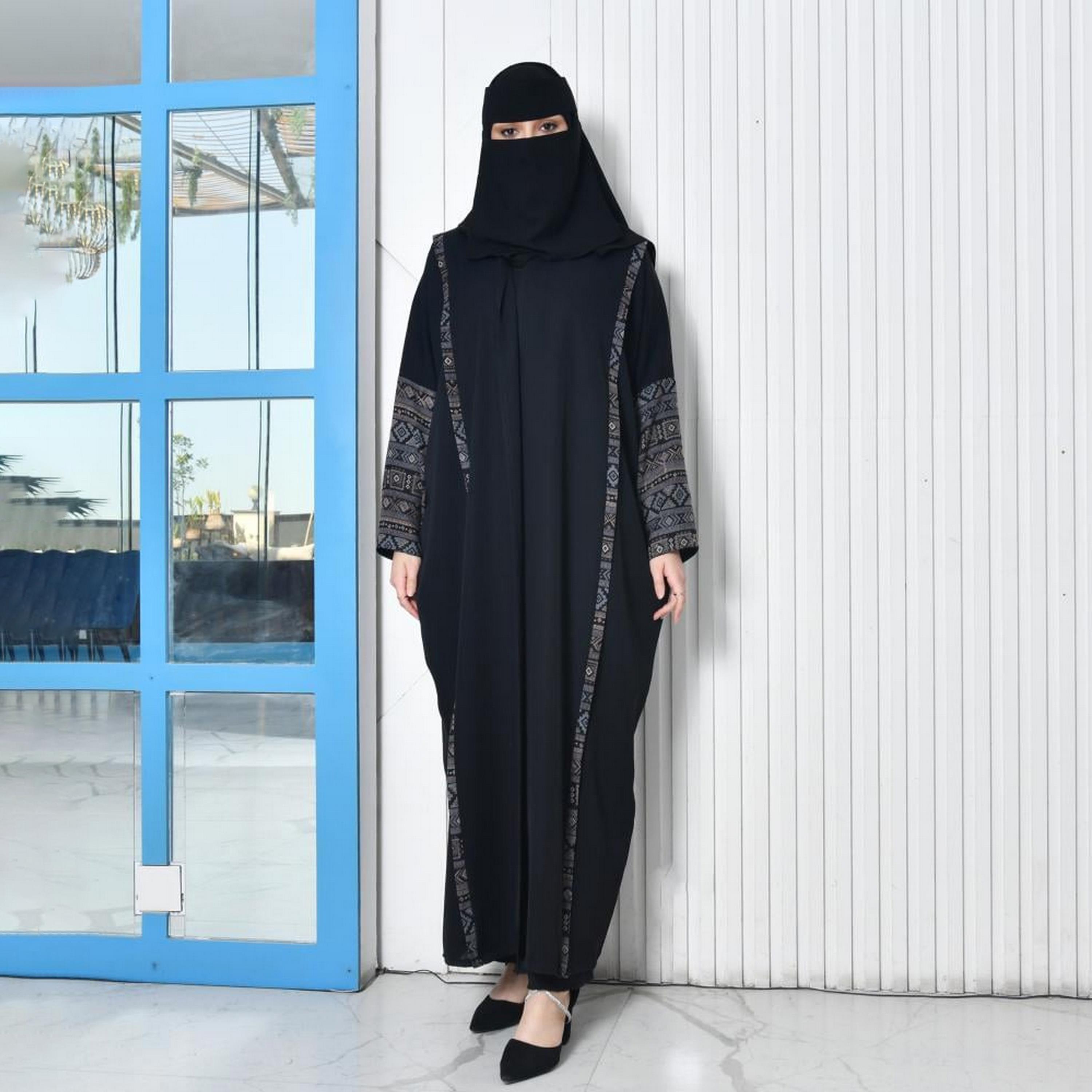 Lamha Black Open-Front Neck Flared Sleeves Crepe Women's Abaya with Hijab-women-arabicclothing-abayas-image-1