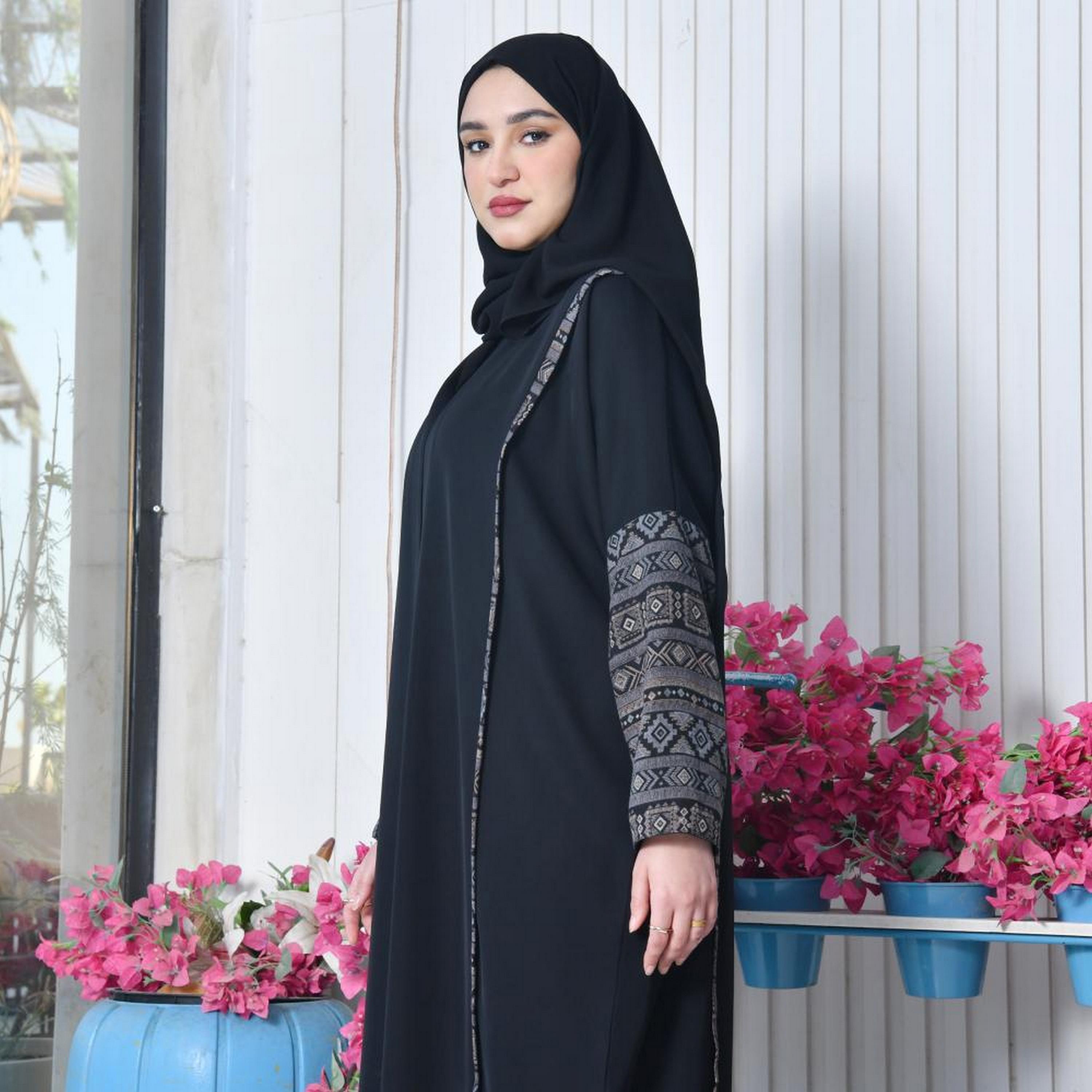 Lamha Black Open-Front Neck Flared Sleeves Crepe Women's Abaya with Hijab-women-arabicclothing-abayas-image-2