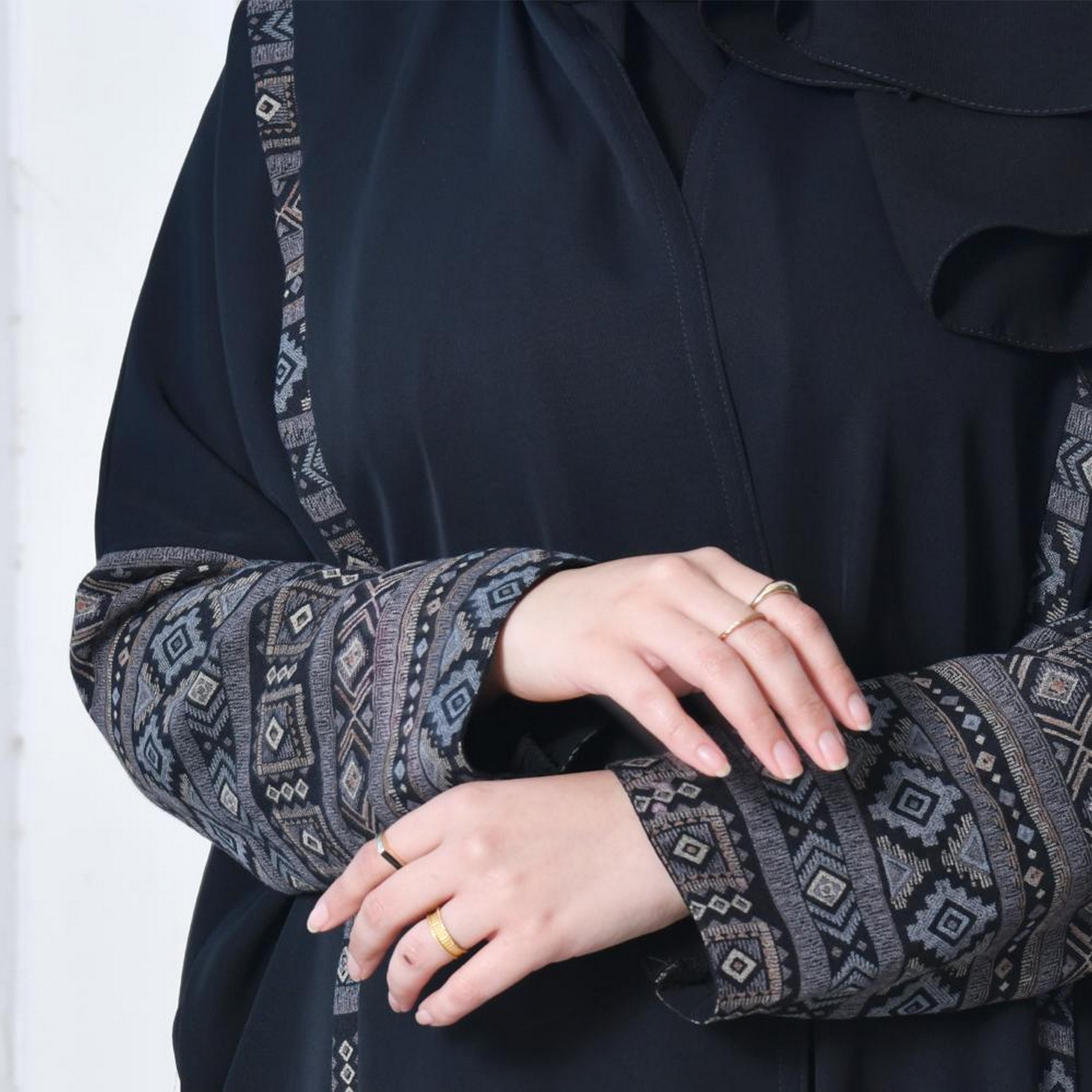 Lamha Black Open-Front Neck Flared Sleeves Crepe Women's Abaya with Hijab-women-arabicclothing-abayas-image-3
