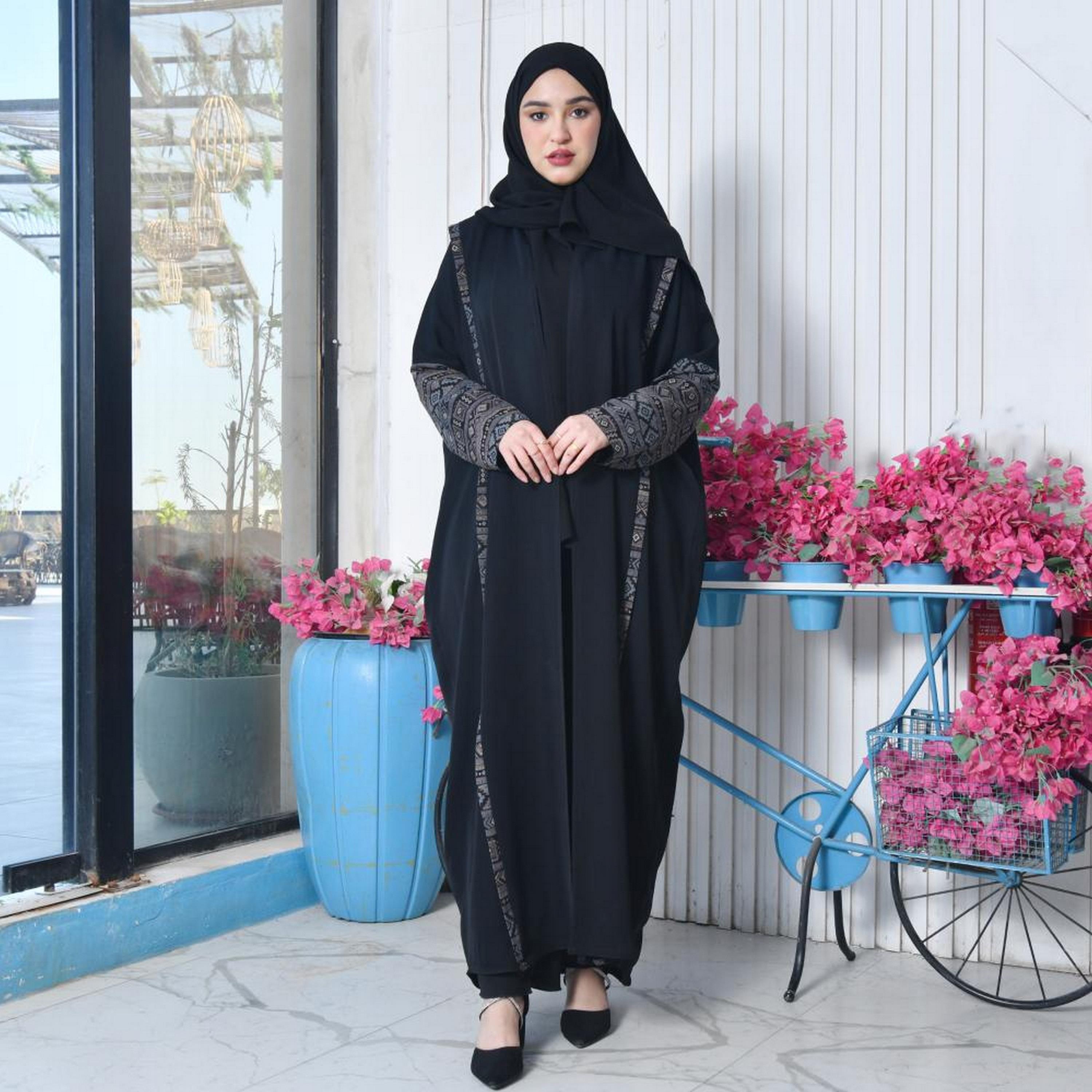 Lamha Black Open-Front Neck Flared Sleeves Crepe Women's Abaya with Hijab-women-arabicclothing-abayas-image-4
