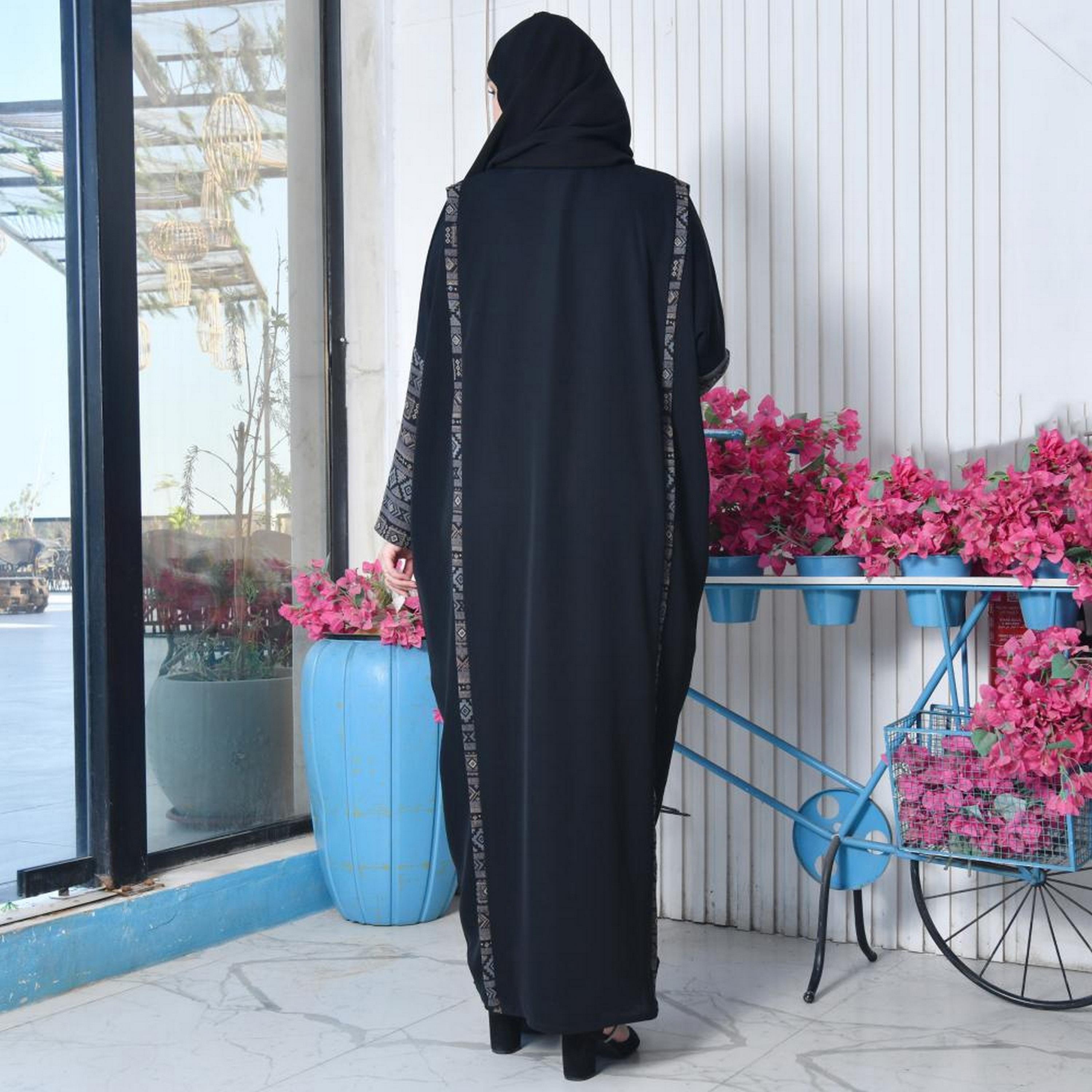 Lamha Black Open-Front Neck Flared Sleeves Crepe Women's Abaya with Hijab-women-arabicclothing-abayas-image-5