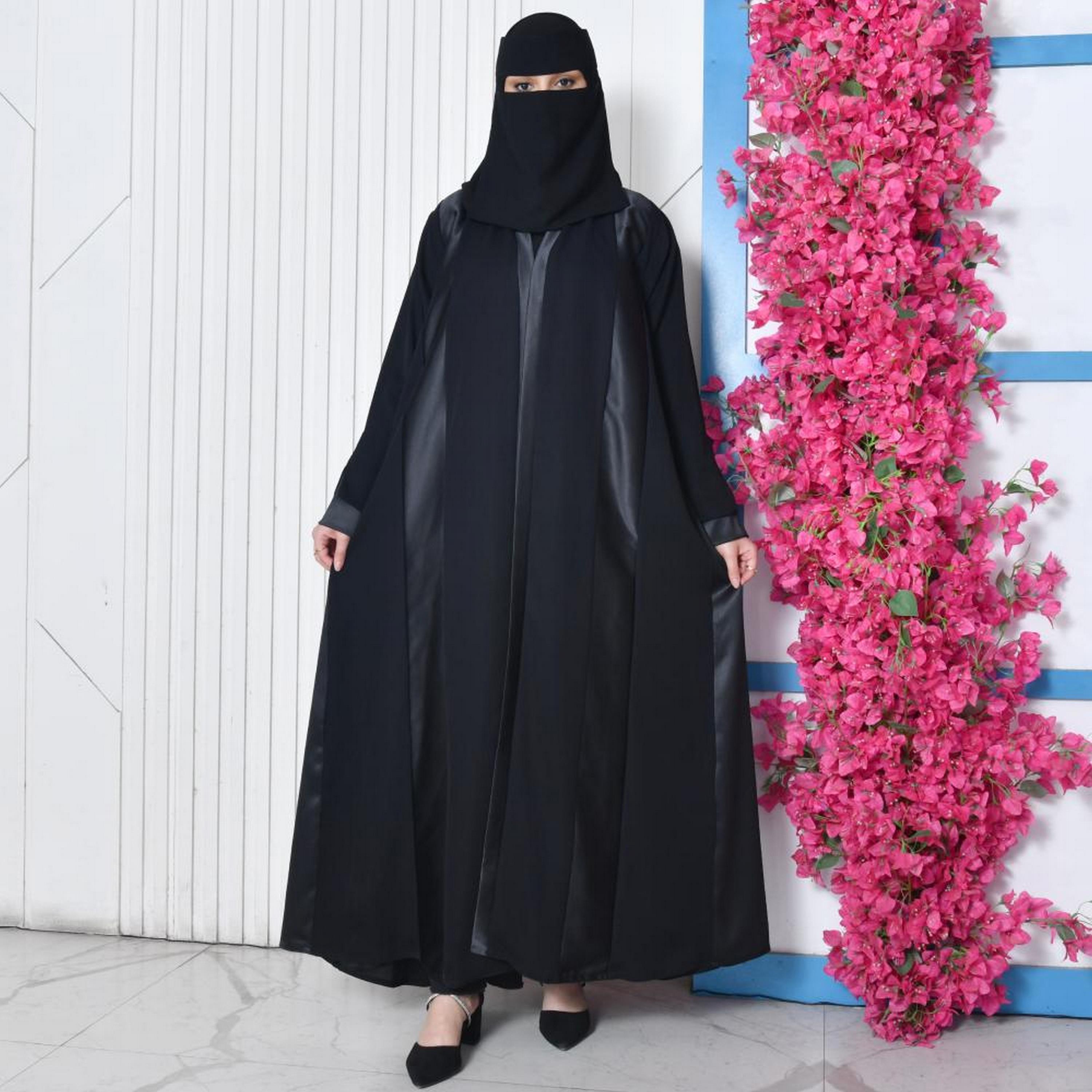 Lamha Black Colour Blocked Open-Front Slit and Overlapping Sleeves Crepe Women's Abaya with Hijab-women-arabicclothing-abayas-image-1