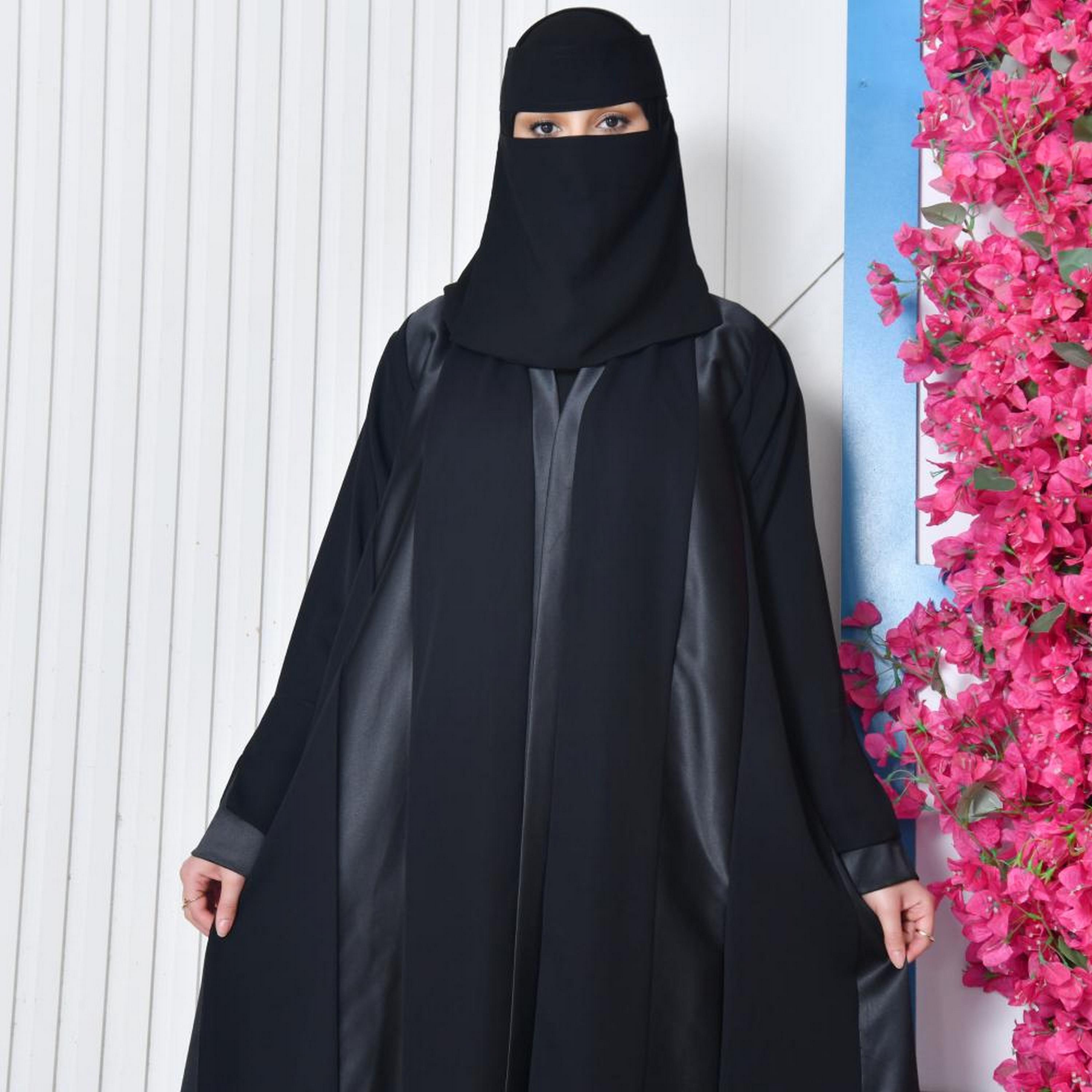 Lamha Black Colour Blocked Open-Front Slit and Overlapping Sleeves Crepe Women's Abaya with Hijab-women-arabicclothing-abayas-image-2