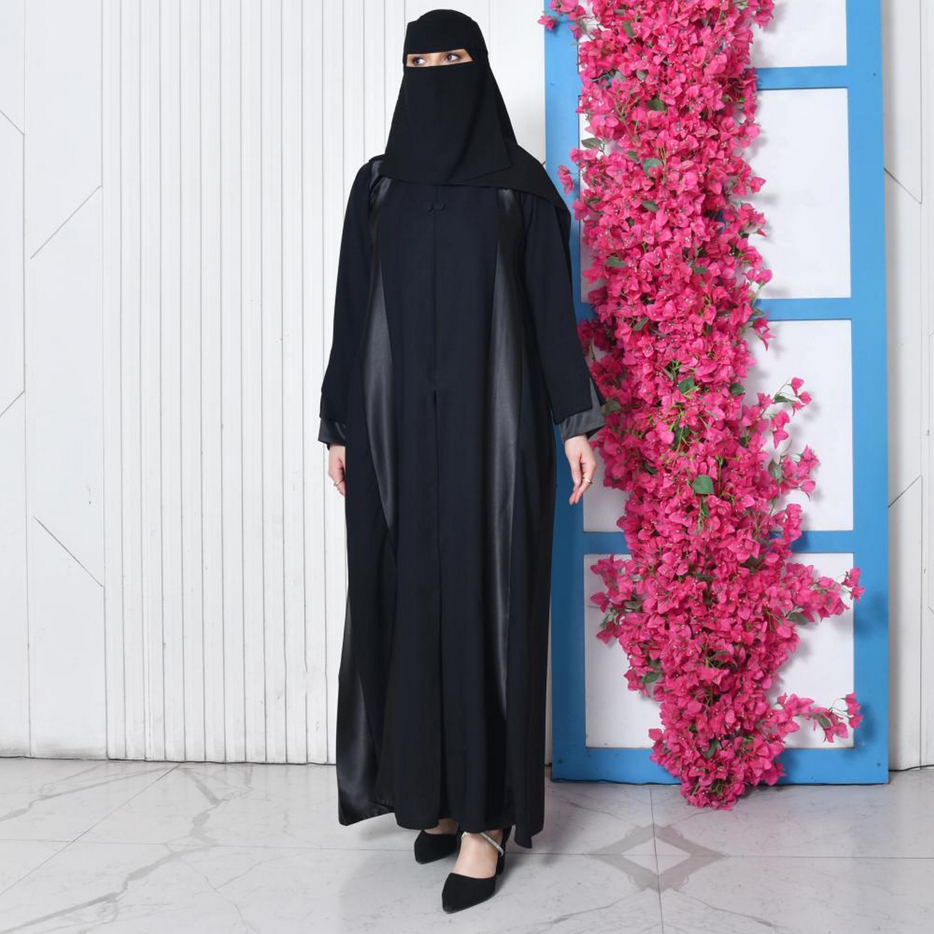 Lamha Black Colour Blocked Open-Front Slit and Overlapping Sleeves Crepe Women's Abaya with Hijab-women-arabicclothing-abayas-image-1