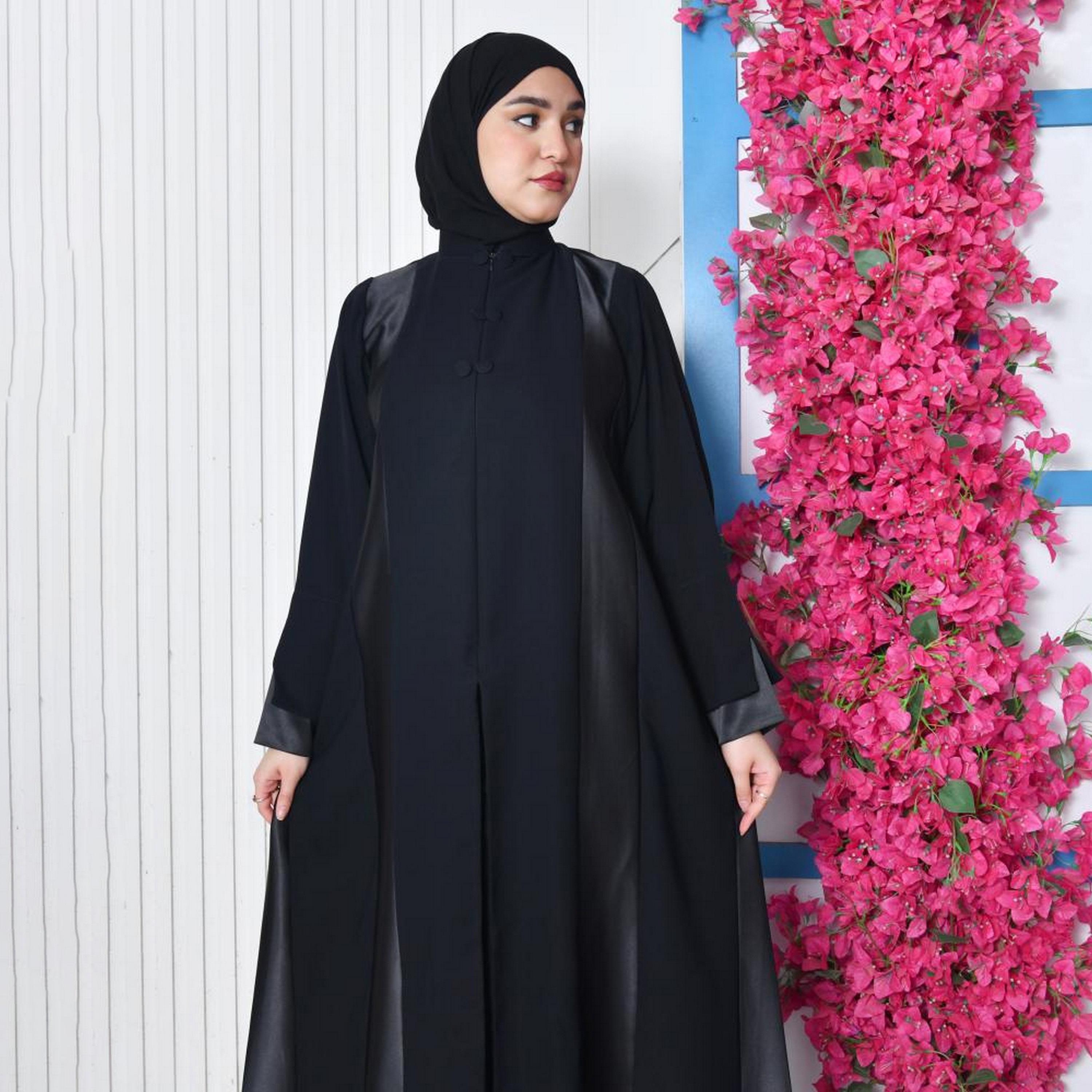 Lamha Black Colour Blocked Open-Front Slit and Overlapping Sleeves Crepe Women's Abaya with Hijab-women-arabicclothing-abayas-image-2