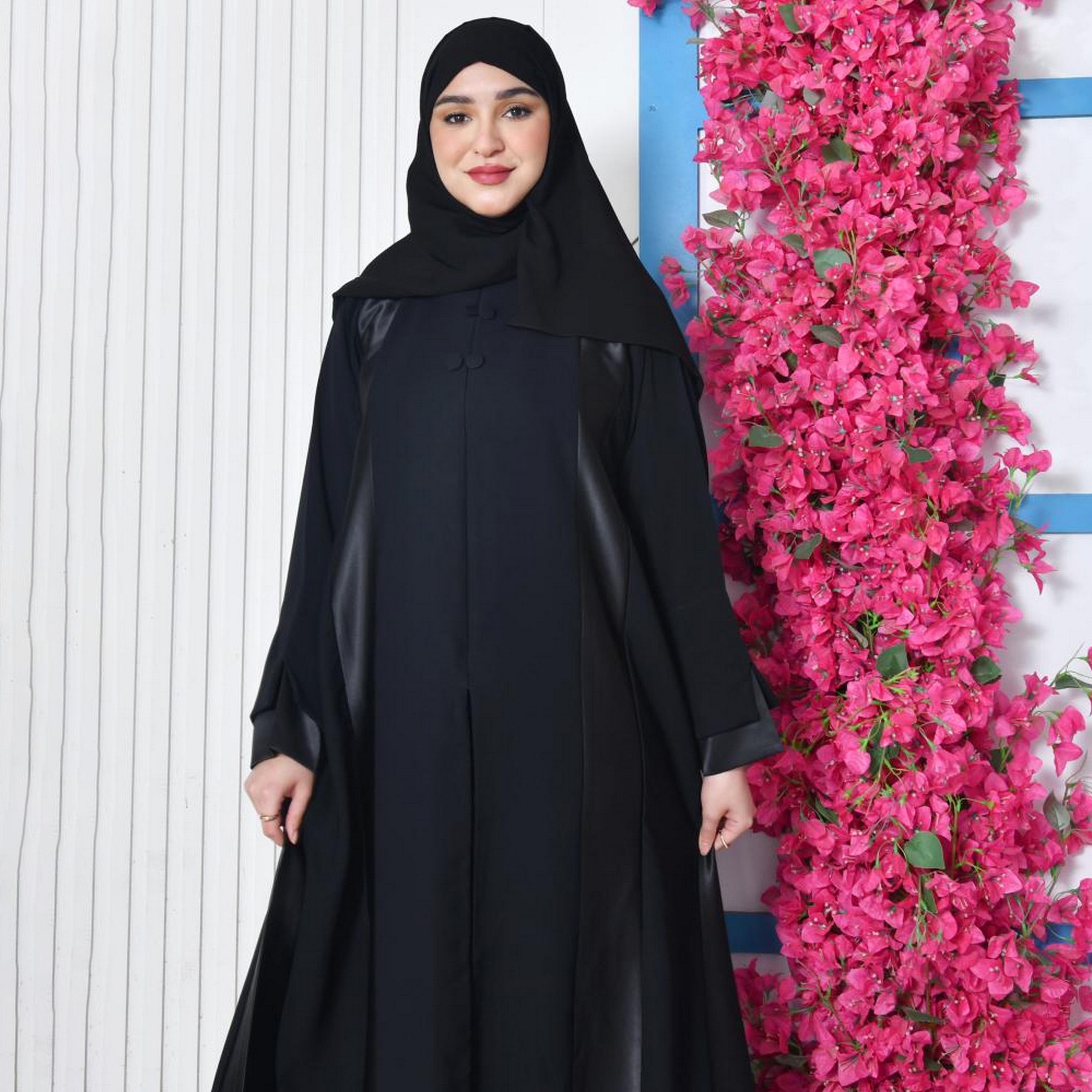 Lamha Black Colour Blocked Open-Front Slit and Overlapping Sleeves Crepe Women's Abaya with Hijab-women-arabicclothing-abayas-image-5
