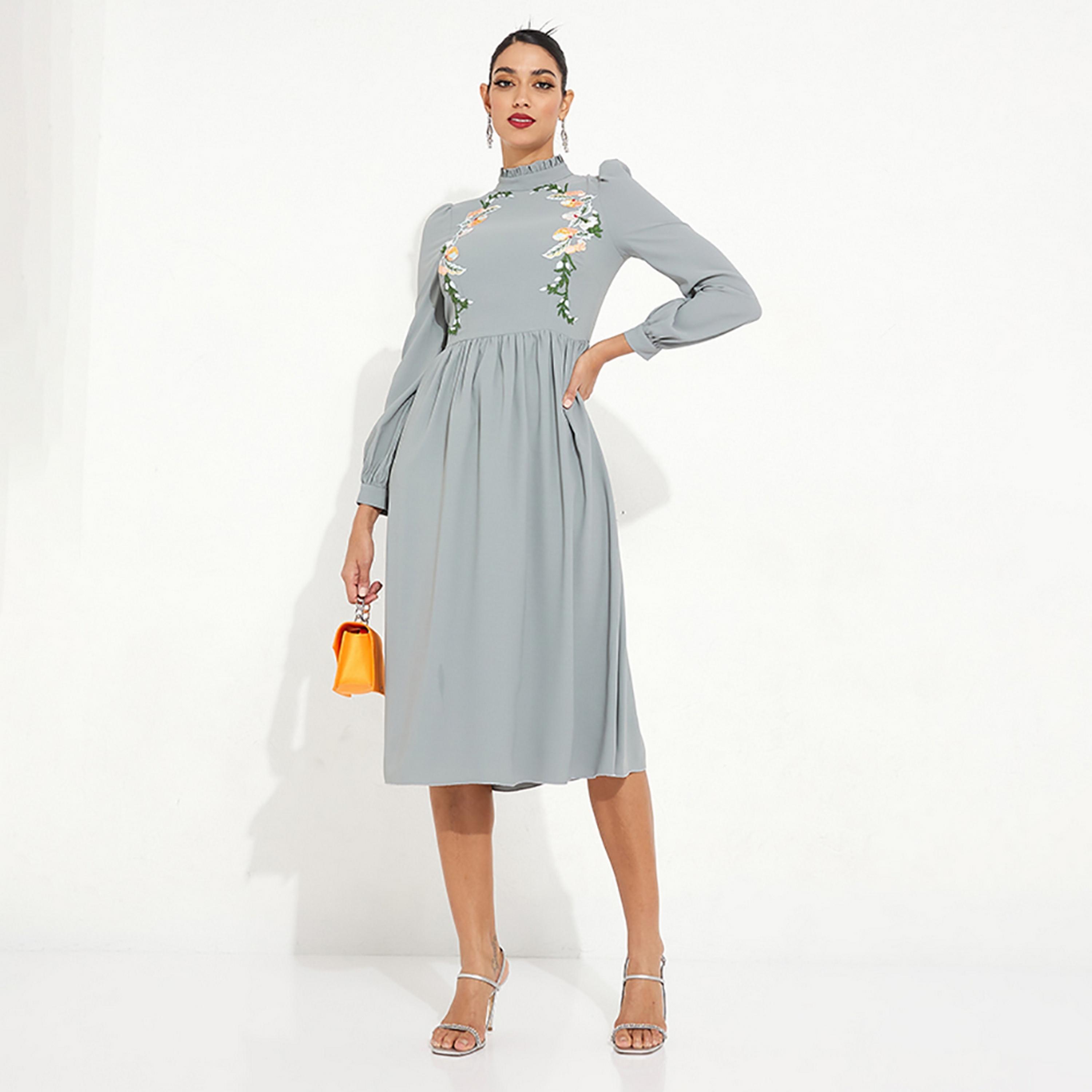 Little Mistress Green Embroidered Fit and Flared Midi Women's Dress-women-clothing-dresses-image-1