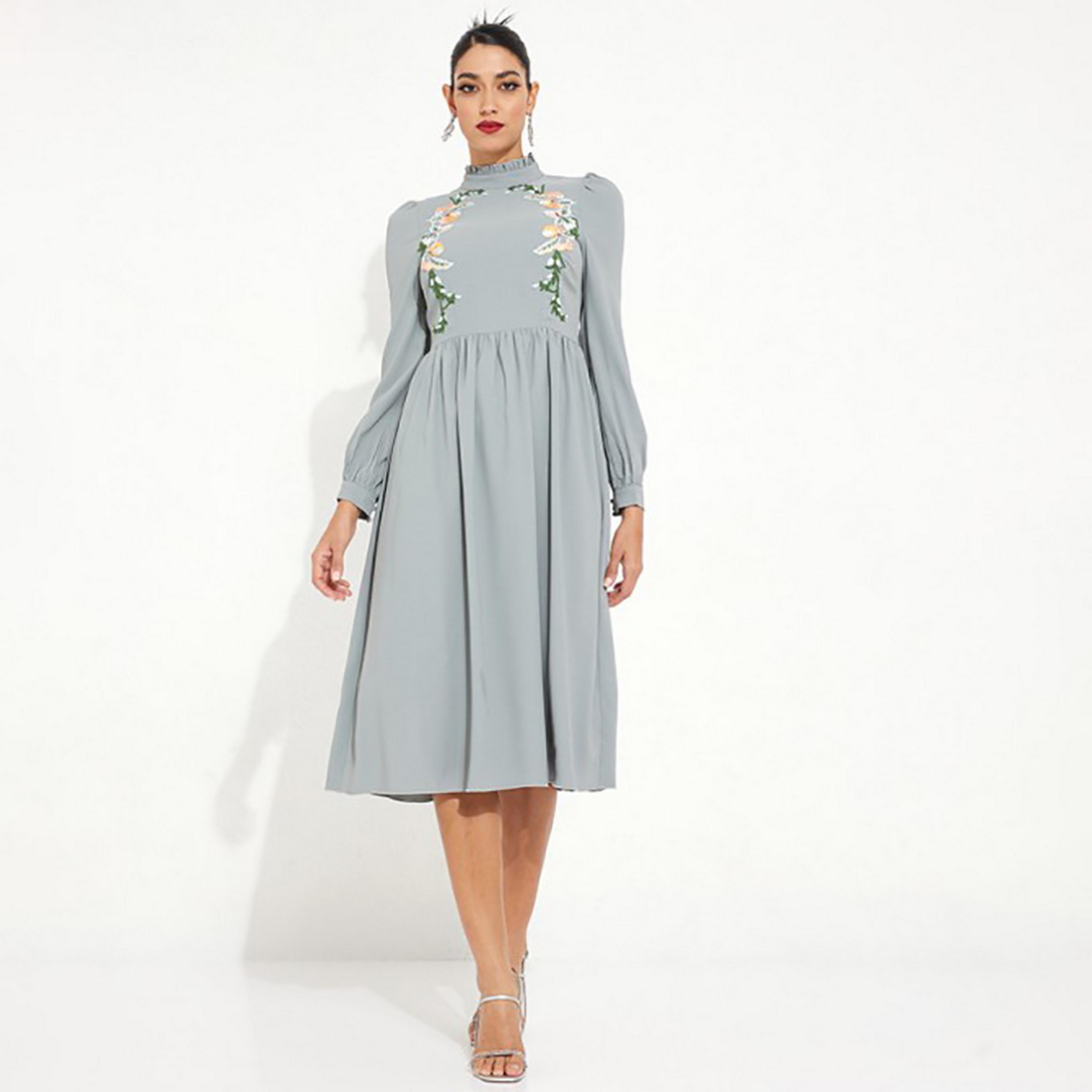 Little Mistress Green Embroidered Fit and Flared Midi Women's Dress-women-clothing-dresses-image-3