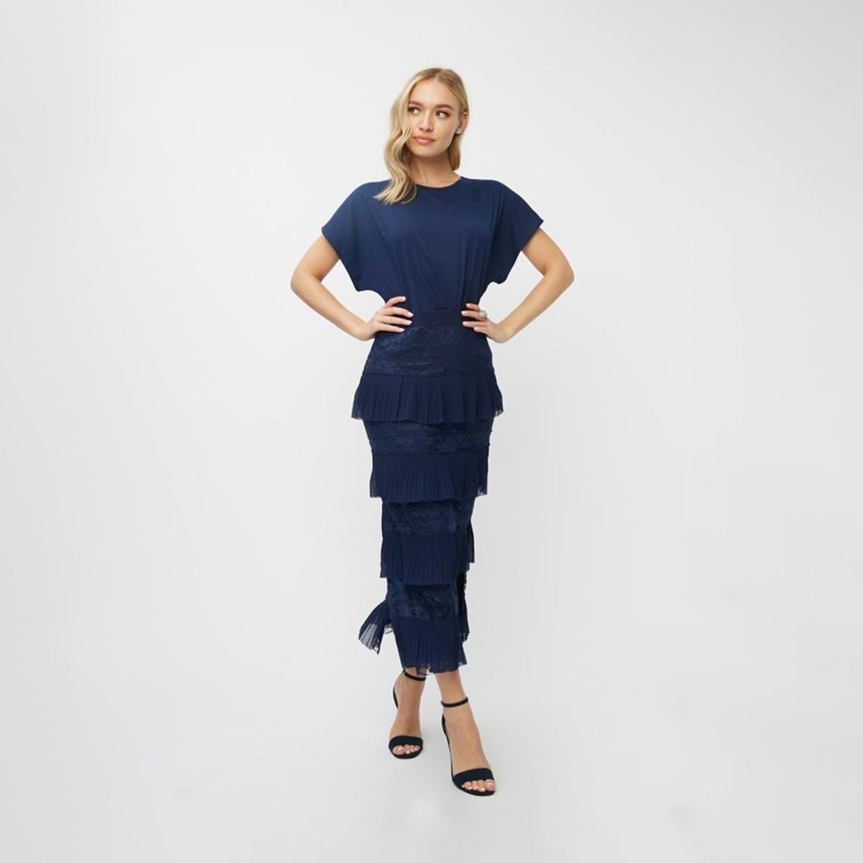 Little Mistress Lace Round Neck Tiered Midi Dress with Short Sleeves-women-clothing-dresses-image-1