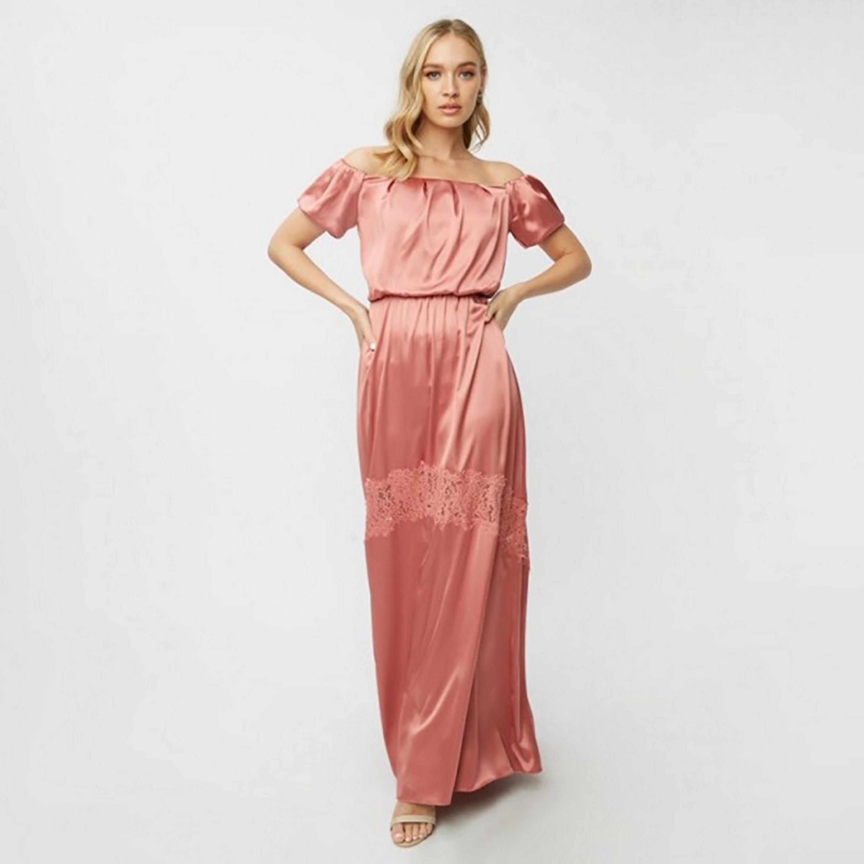 Little Mistress Pink Plain Off Shoulder Evening Fit and Flared Maxi Women's Dress-women-clothing-dresses-image-1