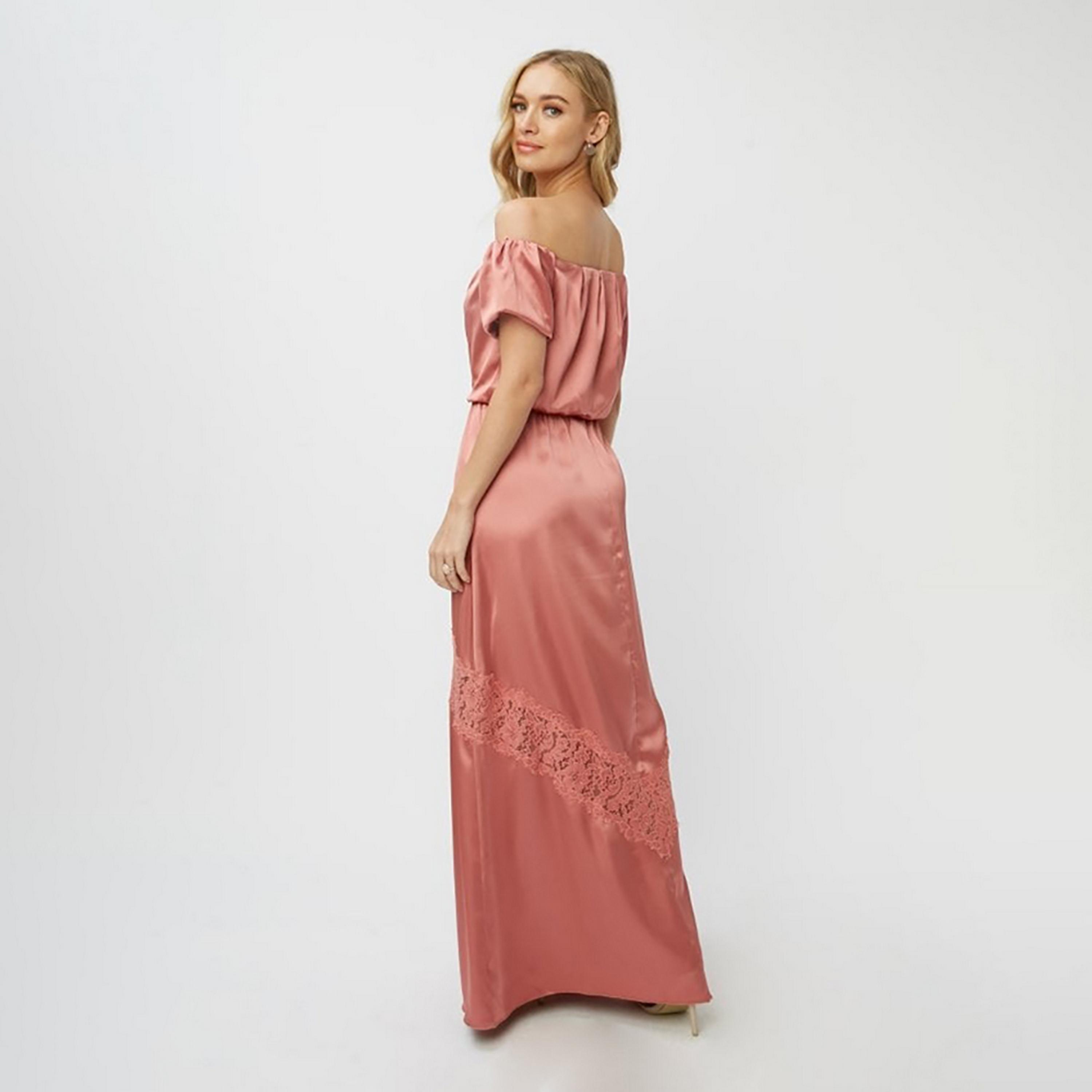 Little Mistress Pink Plain Off Shoulder Evening Fit and Flared Maxi Women's Dress-women-clothing-dresses-image-3