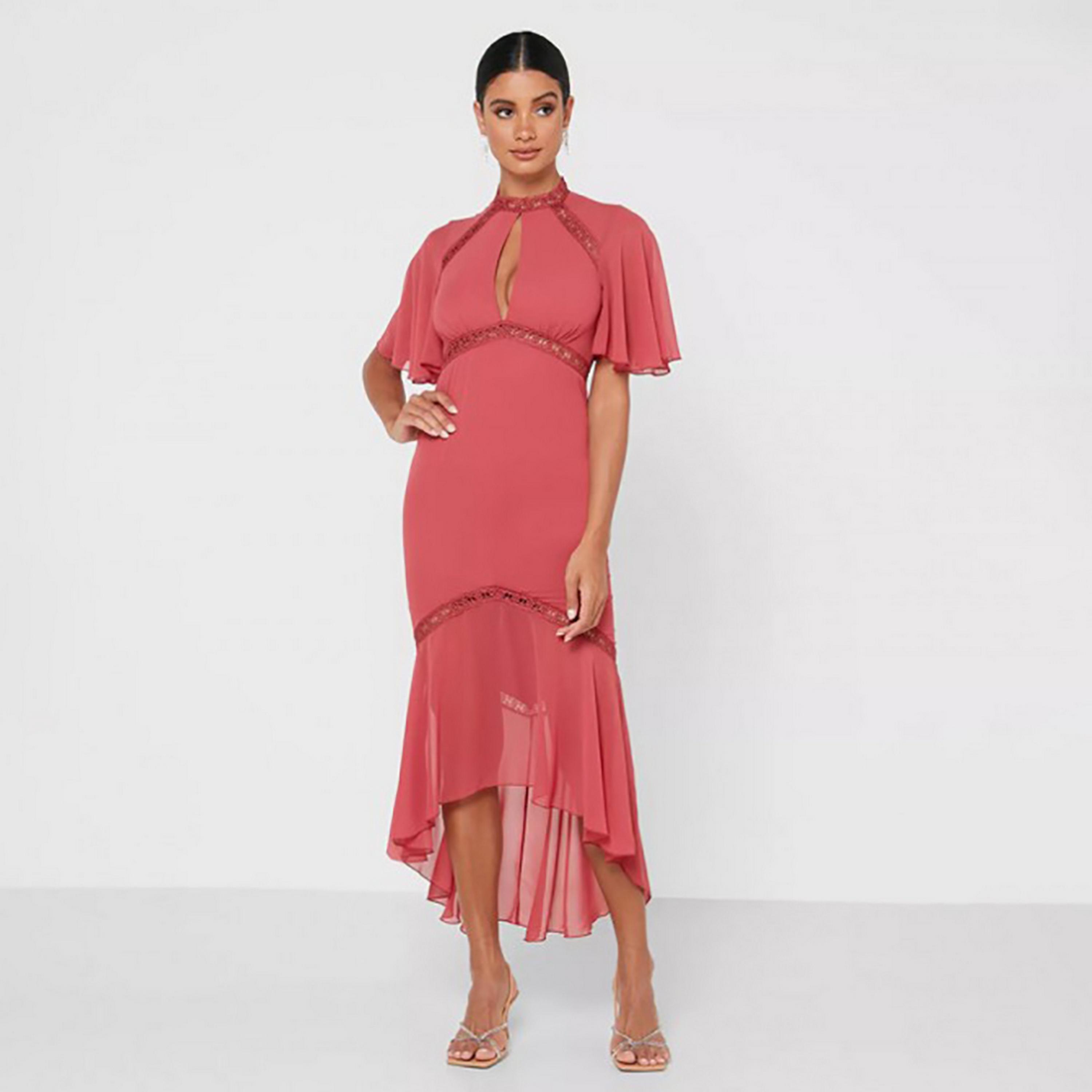 Little Mistress Pink Plain Mock Neck Flared Sleeves High-Low Midi Women's Dress-women-clothing-dresses-image-1
