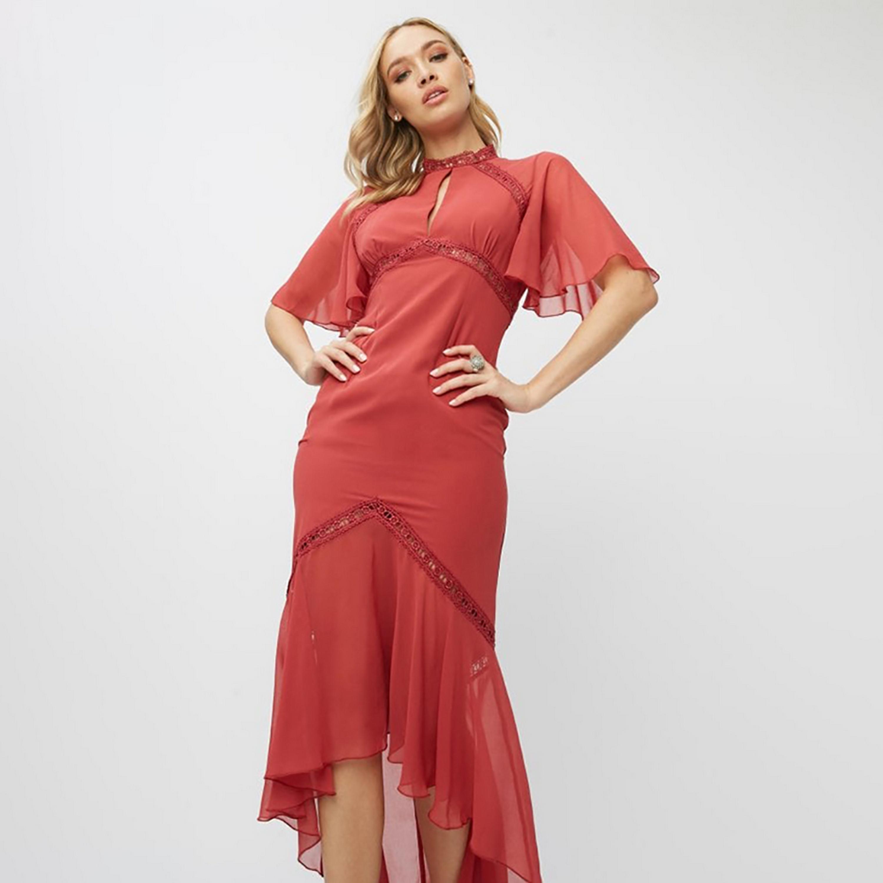 Little Mistress Pink Plain Mock Neck Flared Sleeves High-Low Midi Women's Dress-women-clothing-dresses-image-3