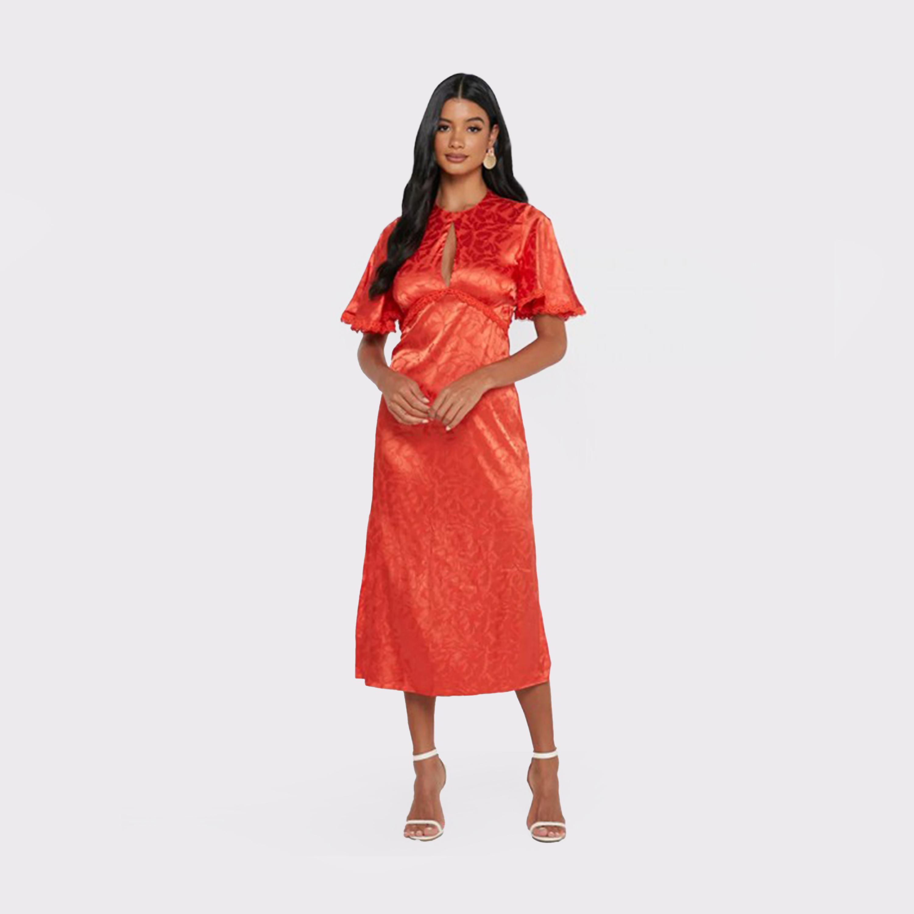 فستان ميدي بفتحة عنق على شكل زهرة بلون برتقالي من ليتل ميسترس -women-clothing-dresses-image-1