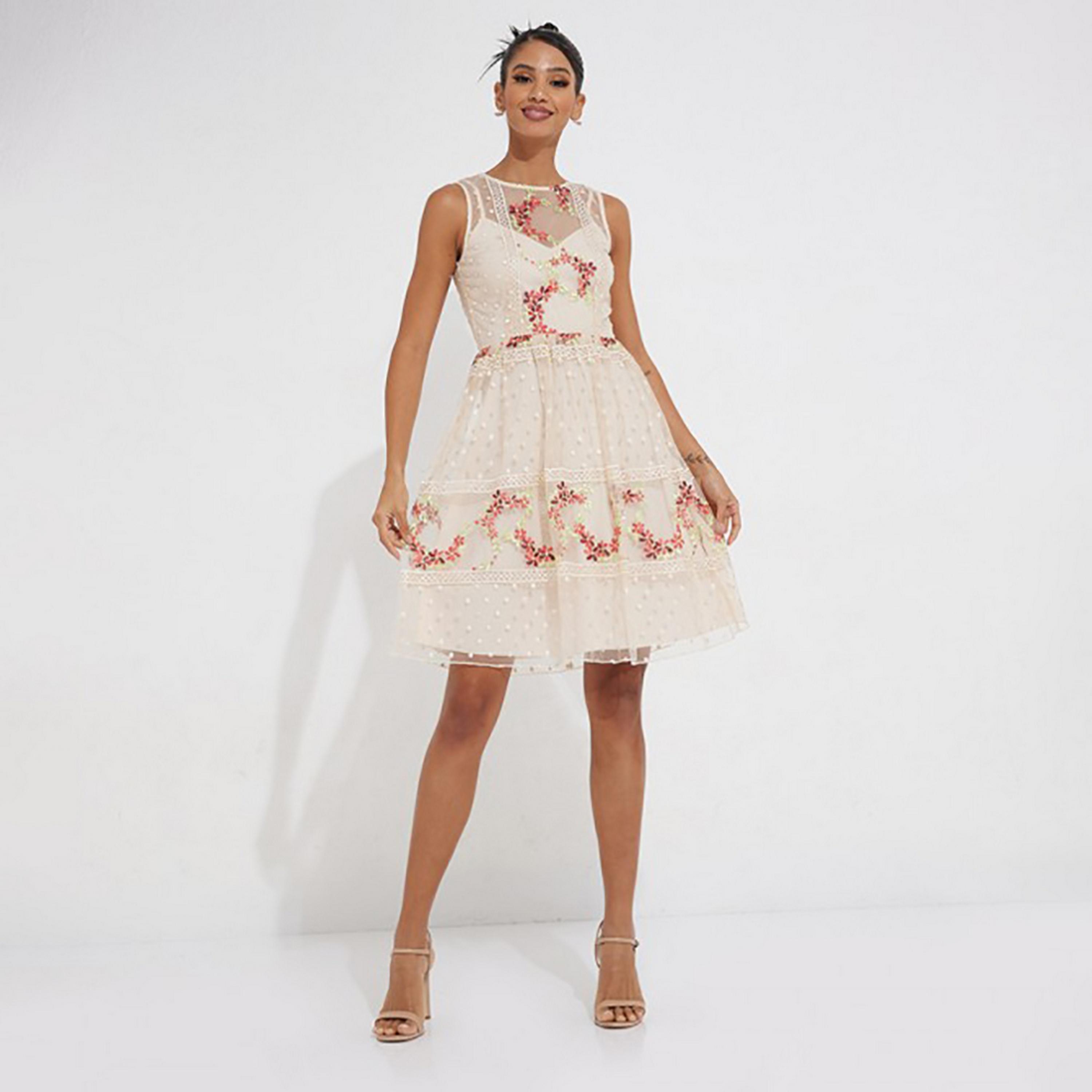 Little Mistress Beige Embroidered Fit and Flared Knee Length Women's Dress-women-clothing-dresses-image-3