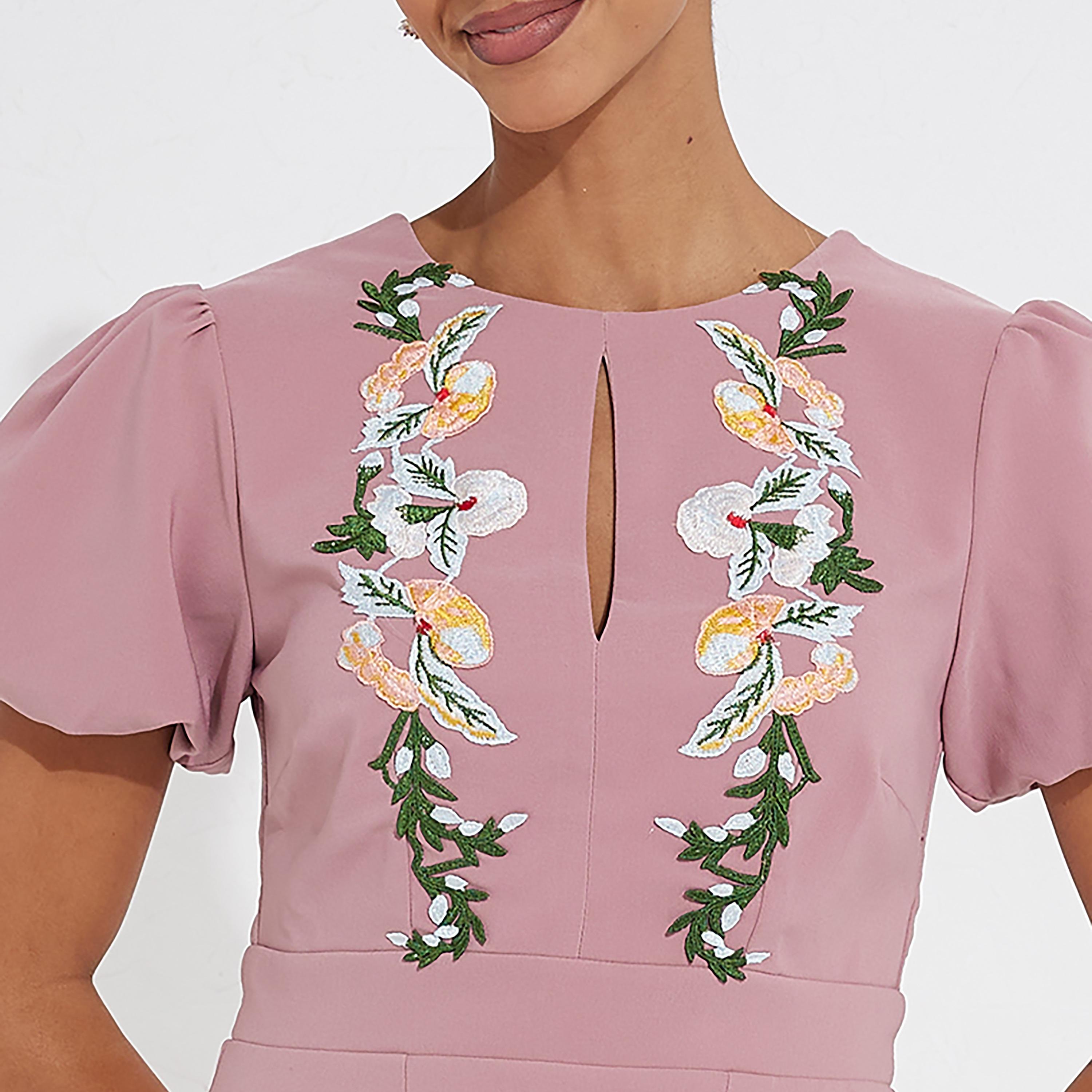 Little Mistress Pink Embroidered Keyhole Neck Bodycon Knee Length Women's Dress-women-clothing-dresses-image-2